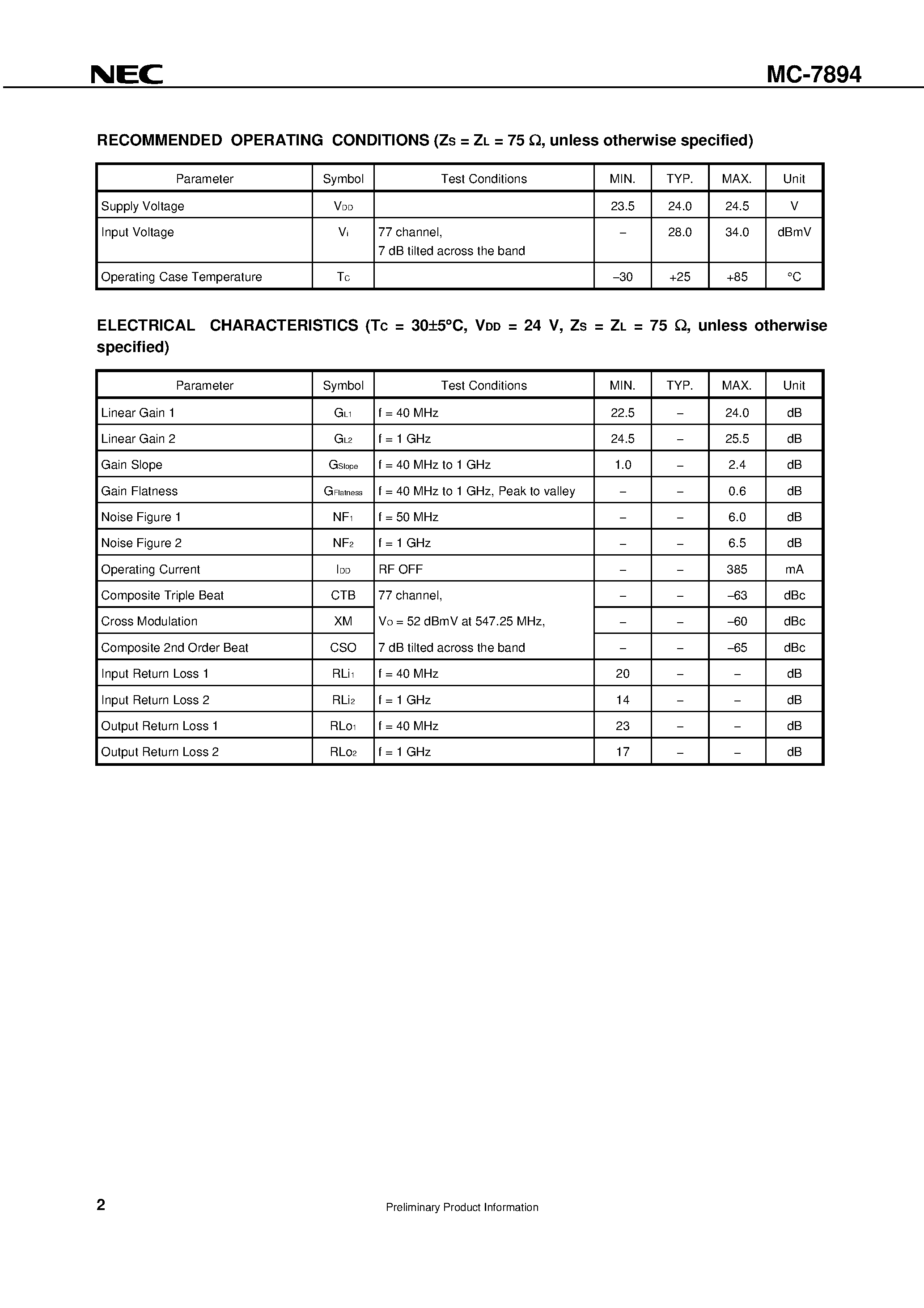 Datasheet MC-7894 - 1 GHz CATV 25 dB POWER DOUBLER AMPLIFIER page 2