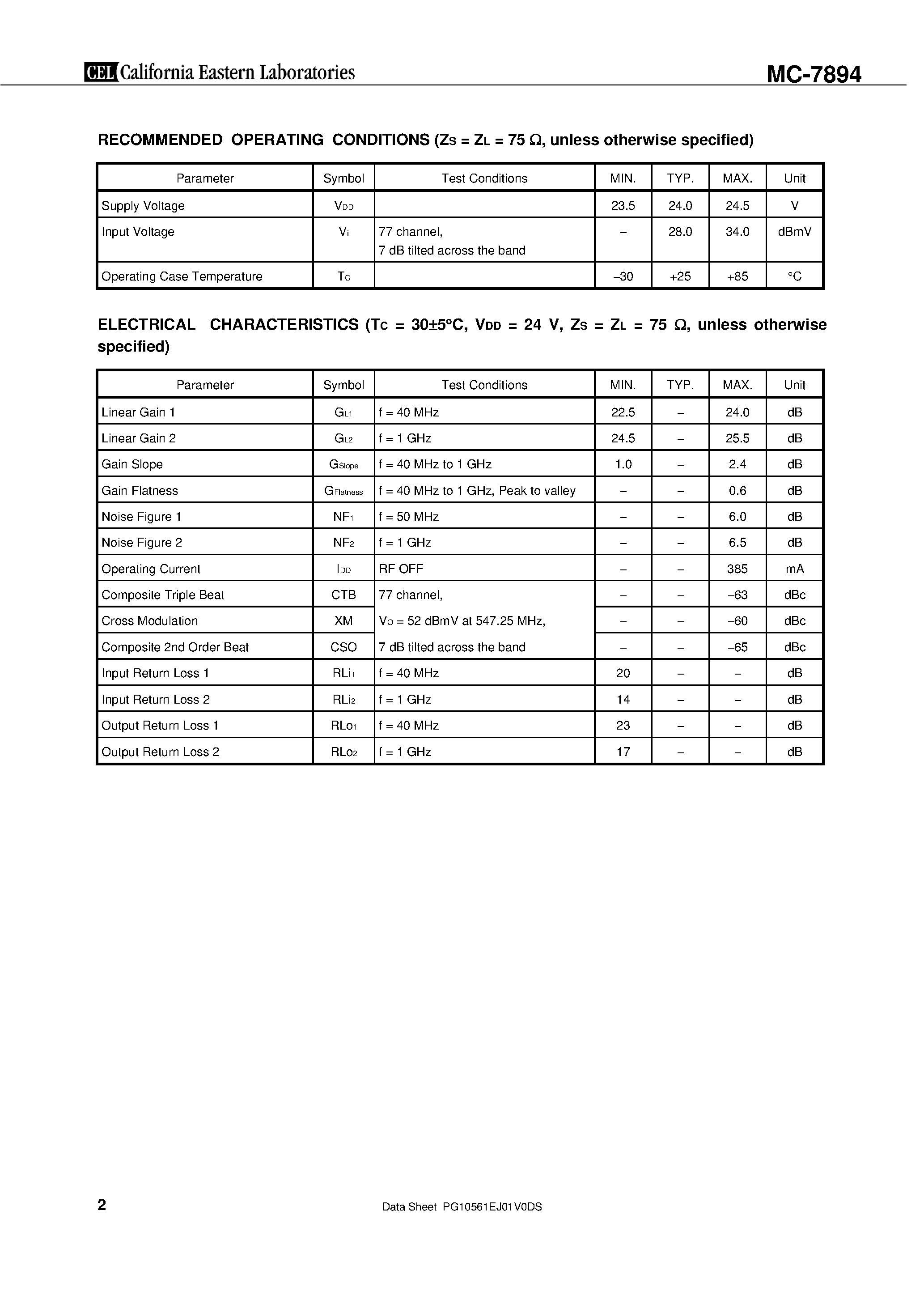 Datasheet MC-7894 - 1 GHz CATV 24 dB POWER DOUBLER AMPLIFIER page 2