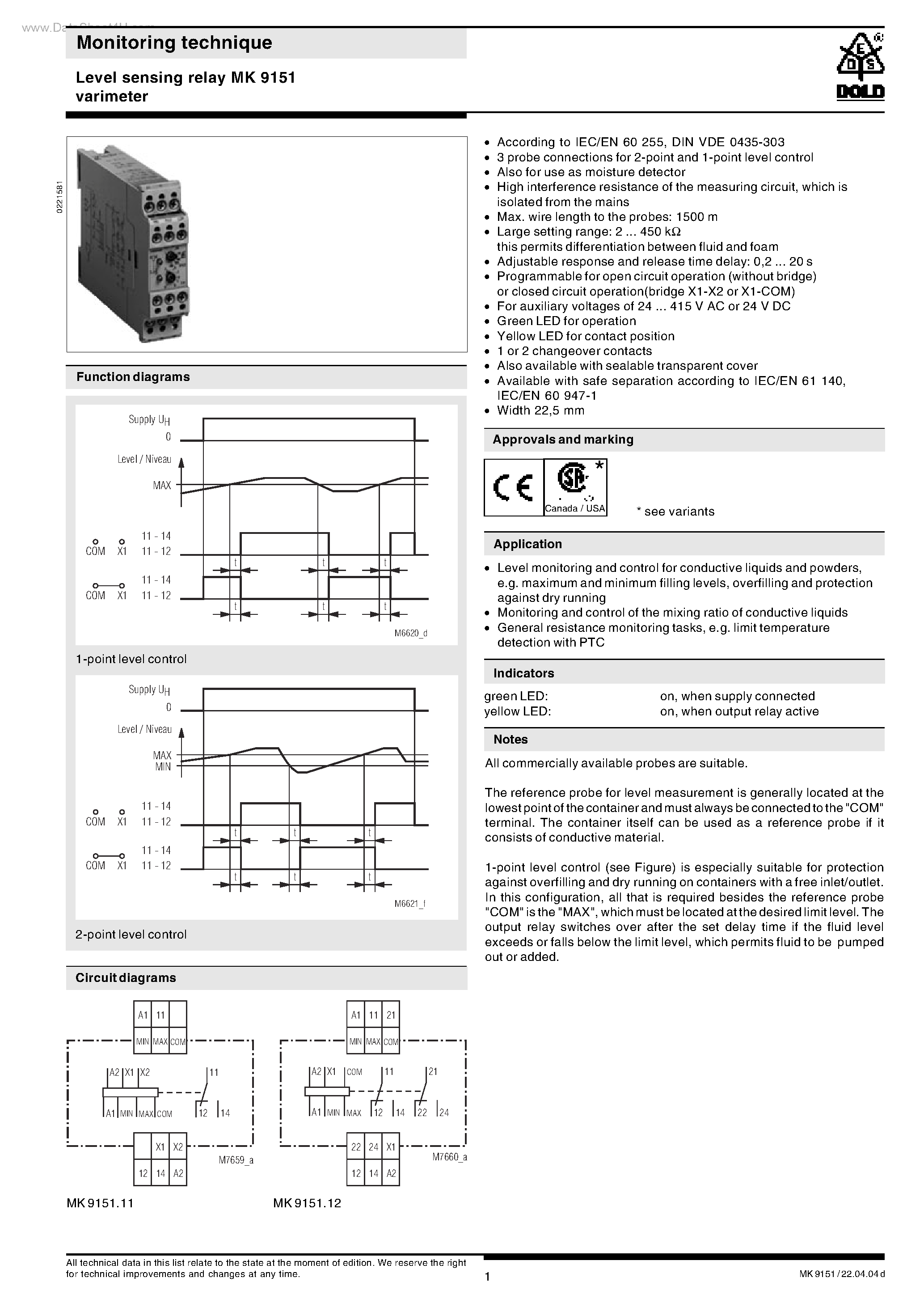 Даташит MK9151 - Level sensing relay MK 9151 varimeter страница 1