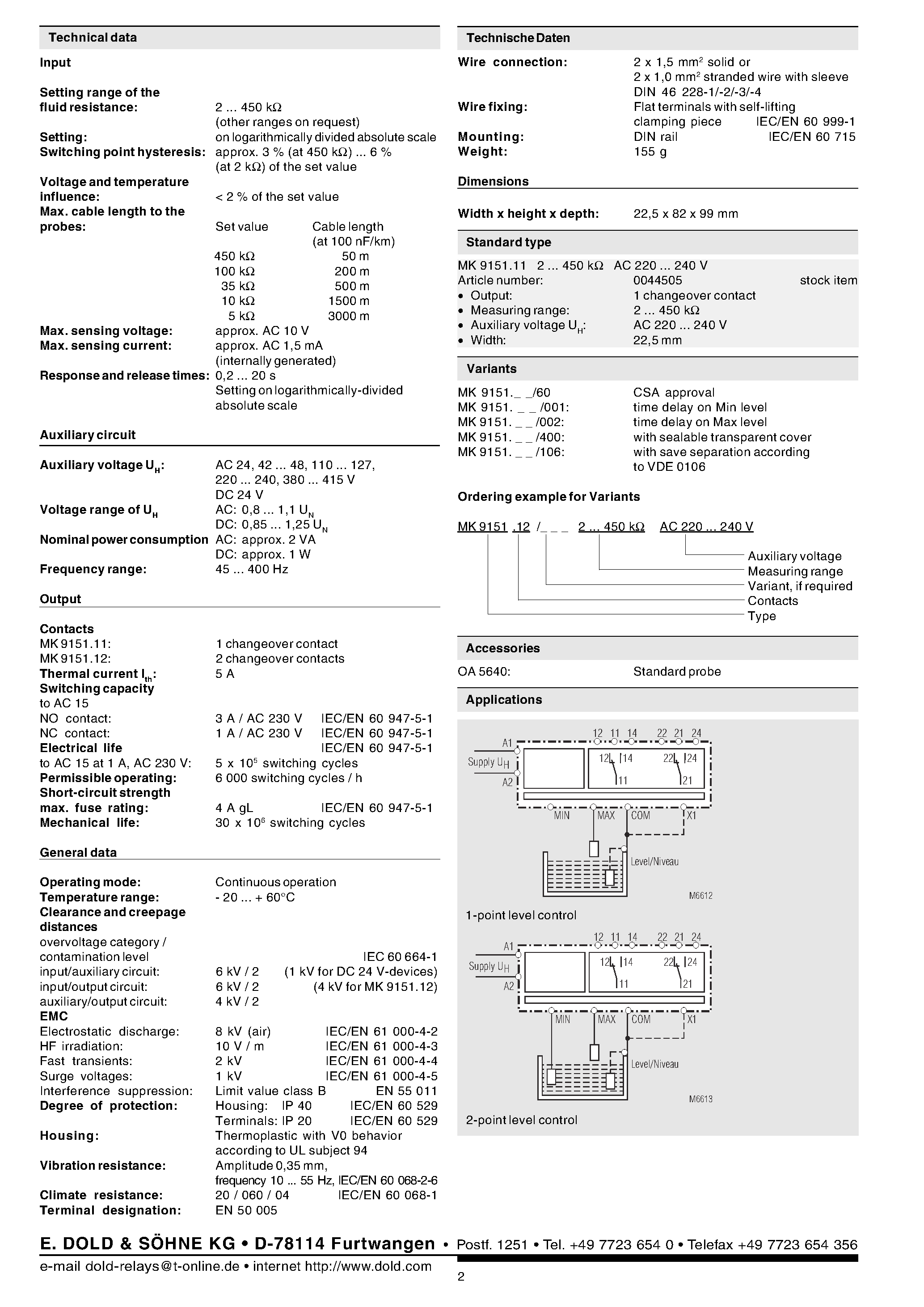 Даташит MK9151 - Level sensing relay MK 9151 varimeter страница 2