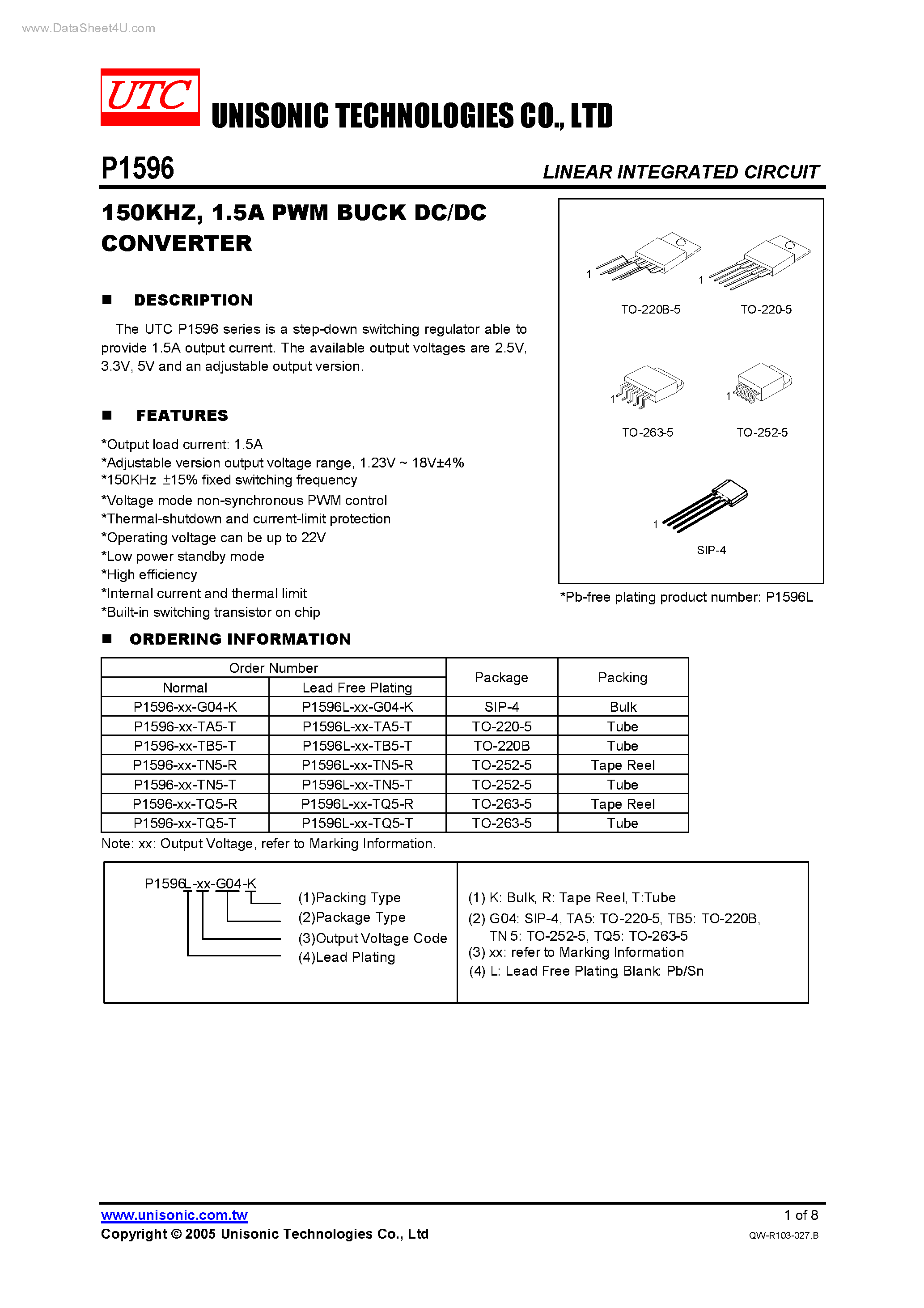 Даташит P1596 - 1.5A PWM BUCK DC/DC CONVERTER страница 1
