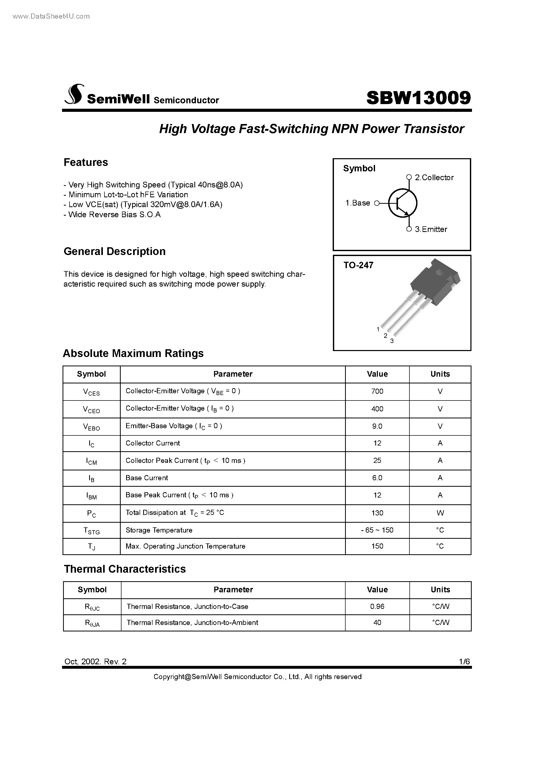 Datasheet SBW13009 page 1 Datasheet SBW13009 - High Voltage Fast-Switching NPN Power Transistor page 1