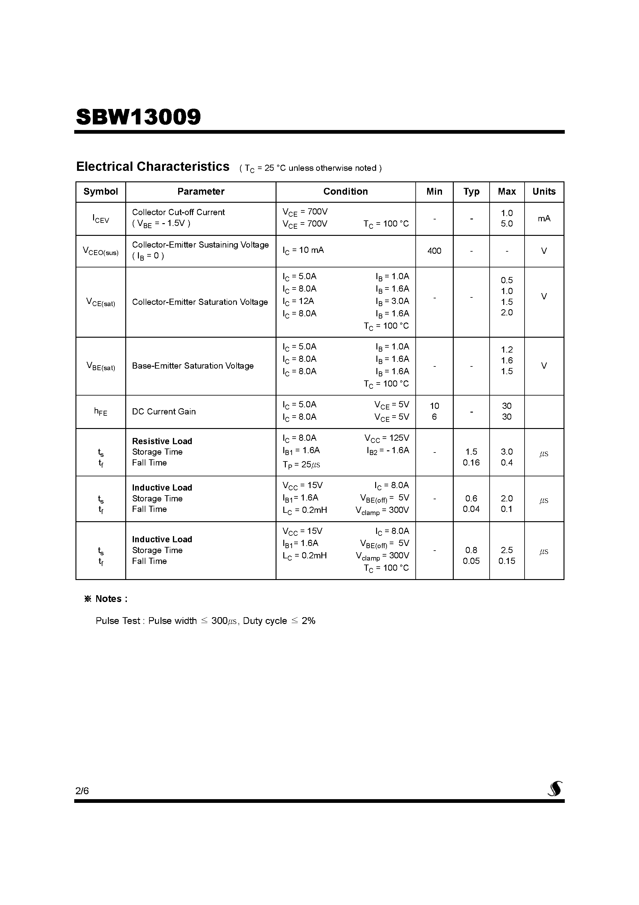 Datasheet SBW13009 page 2 Datasheet SBW13009 - High Voltage Fast-Switching NPN Power Transistor page 2