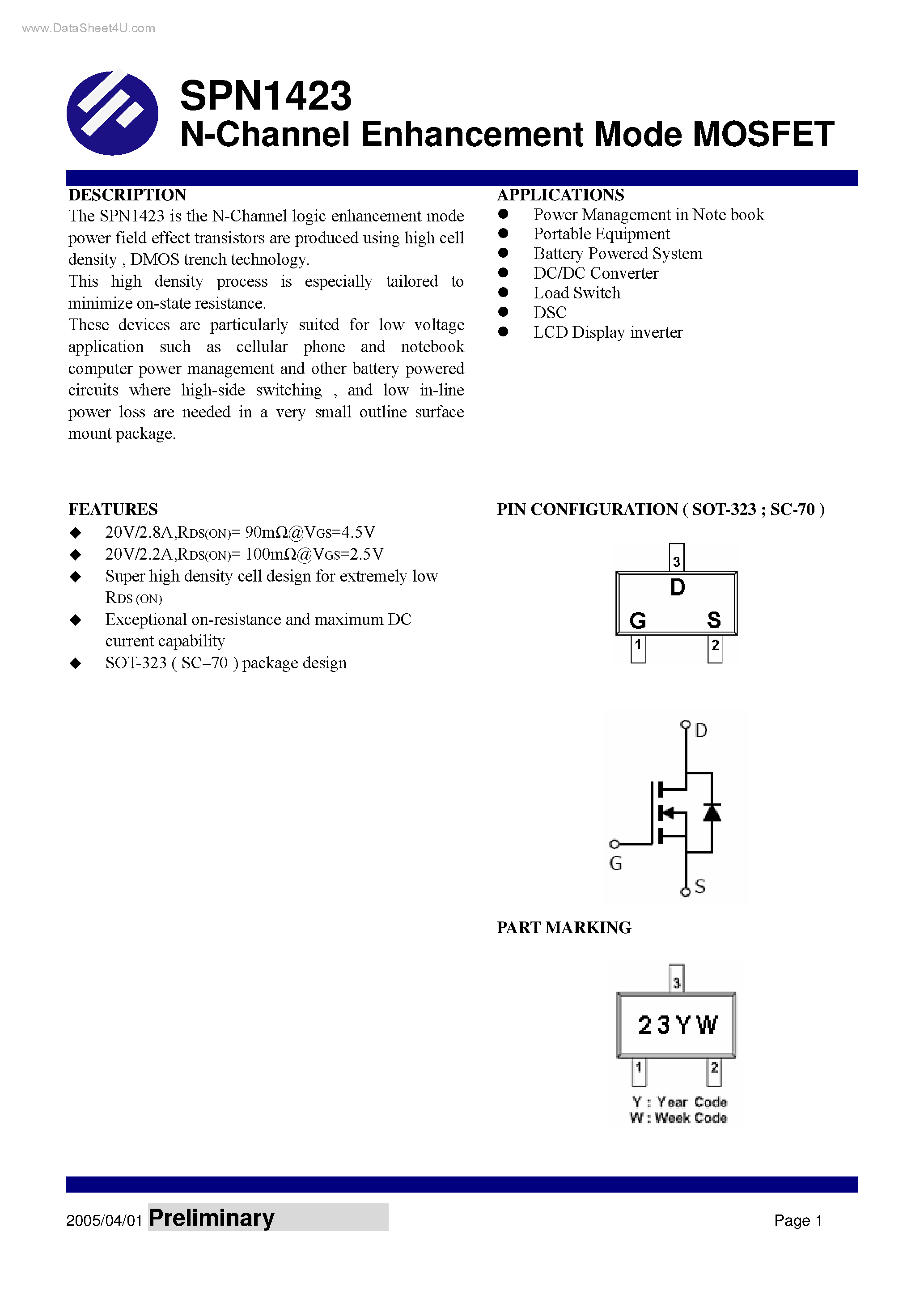 Datasheet SPN1423 - N-Channel Enhancement Mode MOSFET page 1