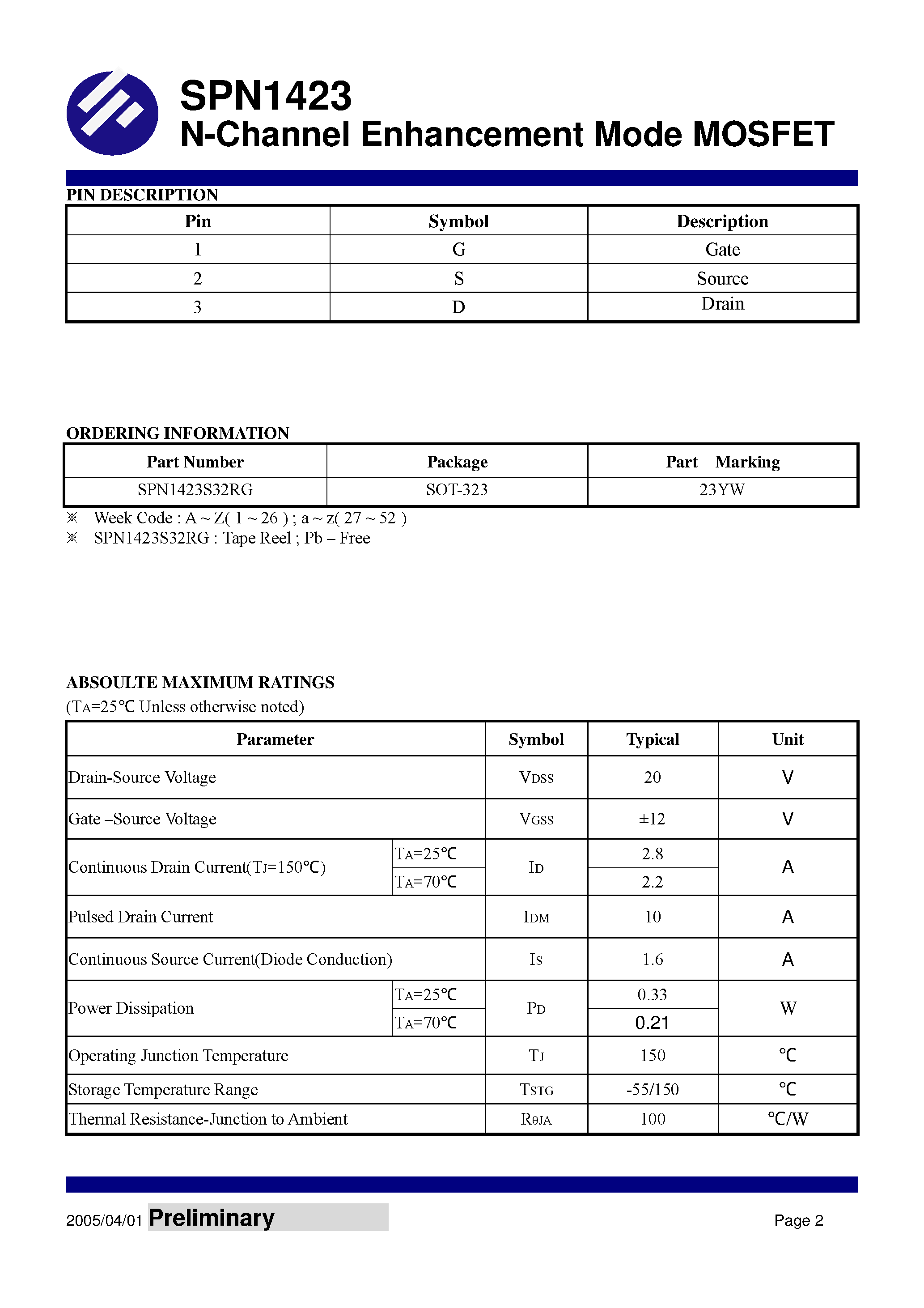 Datasheet SPN1423 - N-Channel Enhancement Mode MOSFET page 2