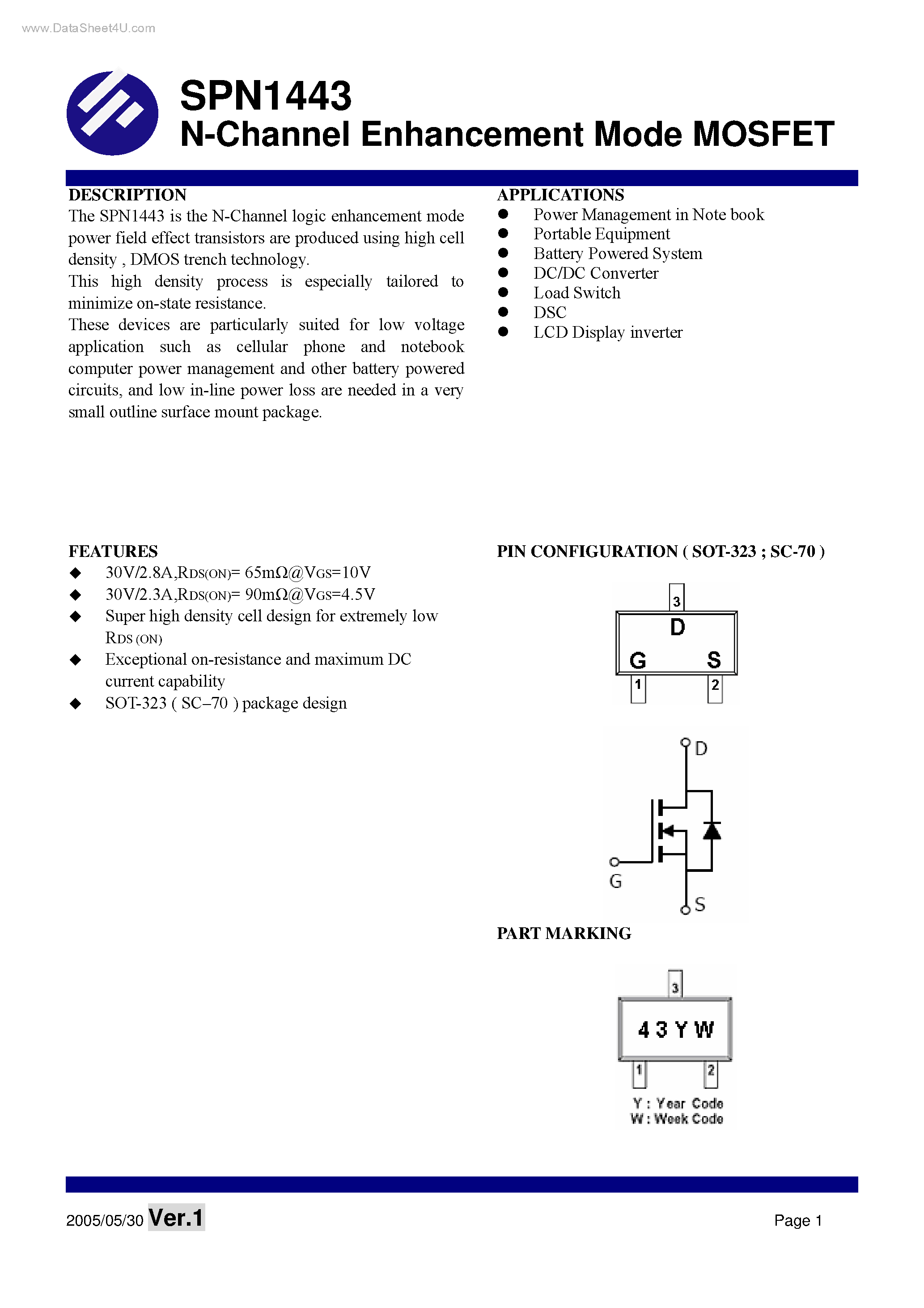 Datasheet SPN1443 - N-Channel Enhancement Mode MOSFET page 1