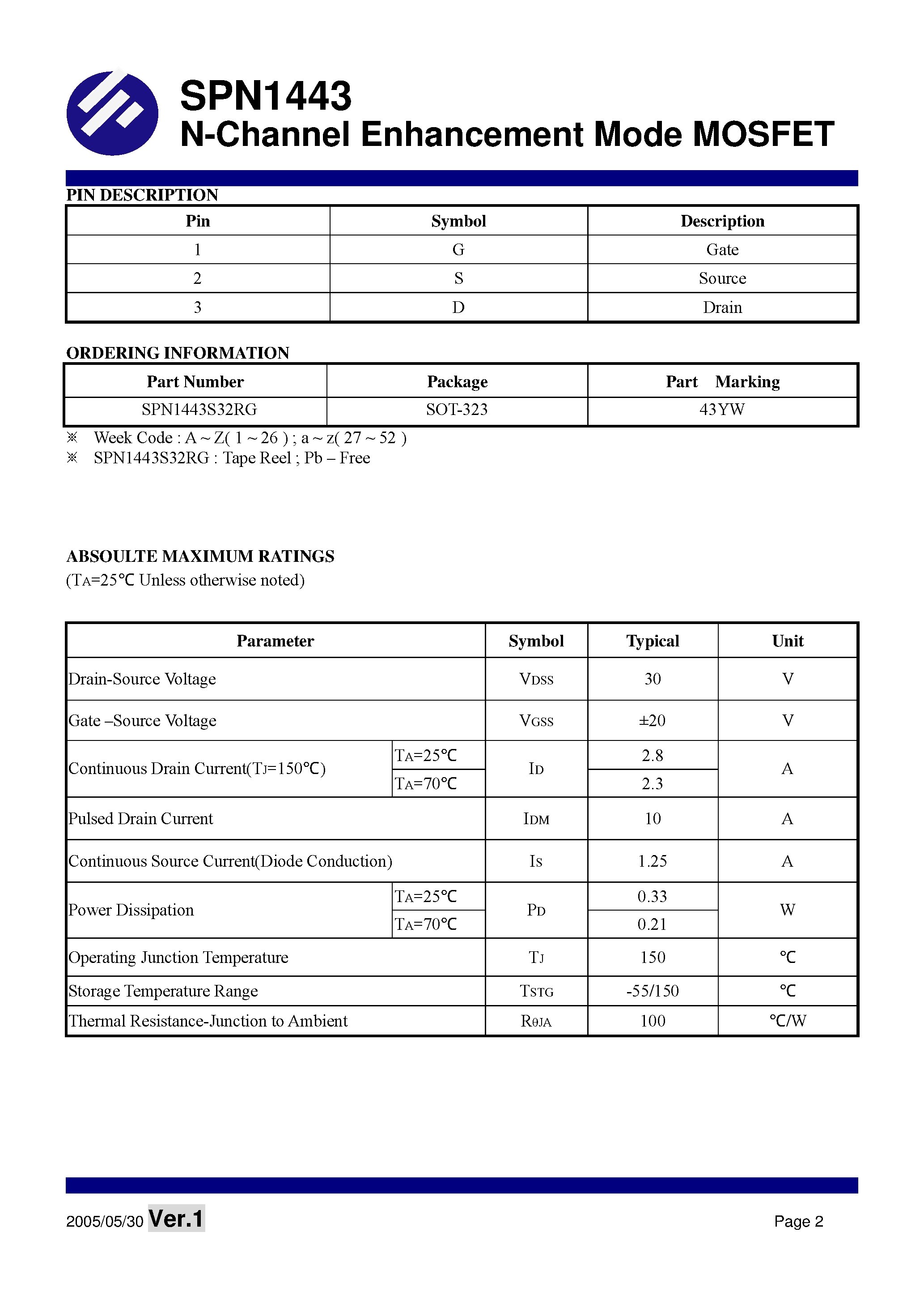 Datasheet SPN1443 - N-Channel Enhancement Mode MOSFET page 2