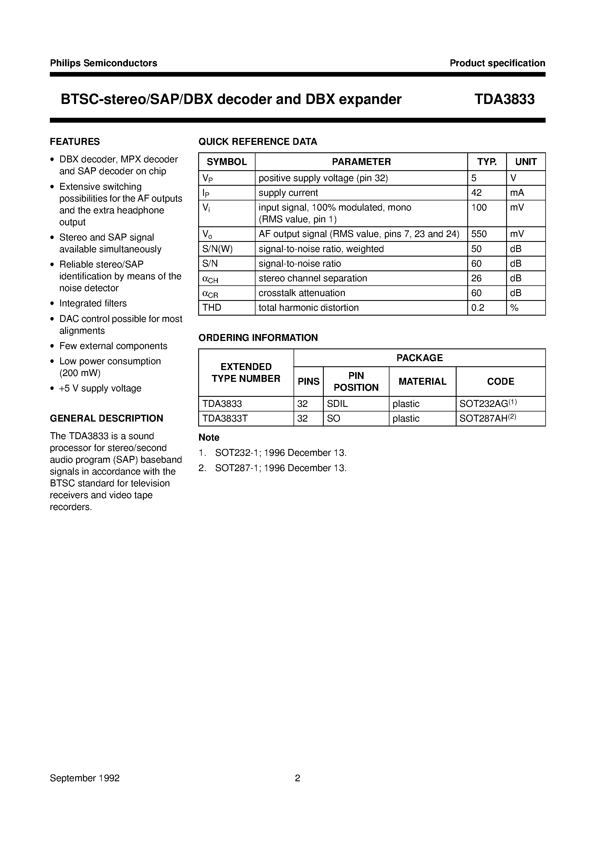 Datasheet TDA3833 page 2 Datasheet TDA3833 - BTSC-stereo/SAP/DBX decoder and DBX expander page 2