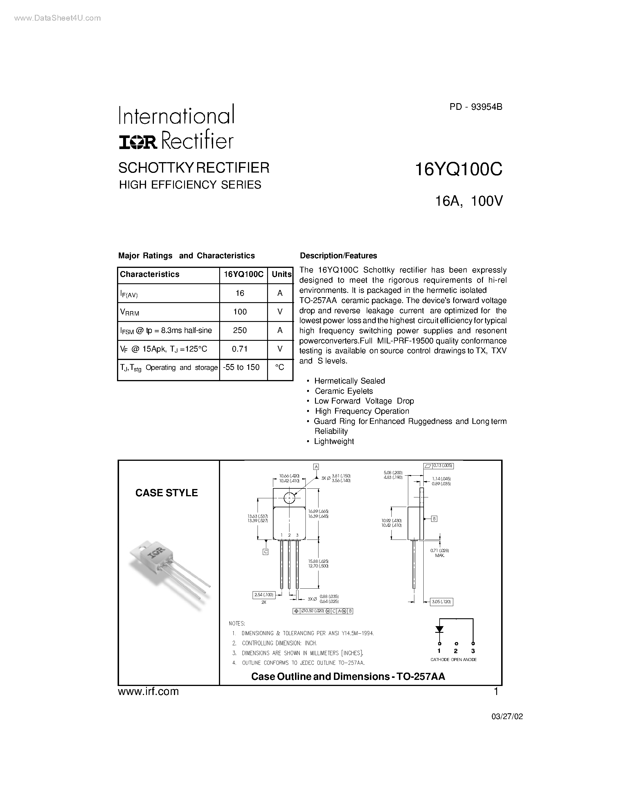 Datasheet 16YQ100C - SCHOTTKY RECTIFIER HIGH EFFICIENCY SERIES page 1