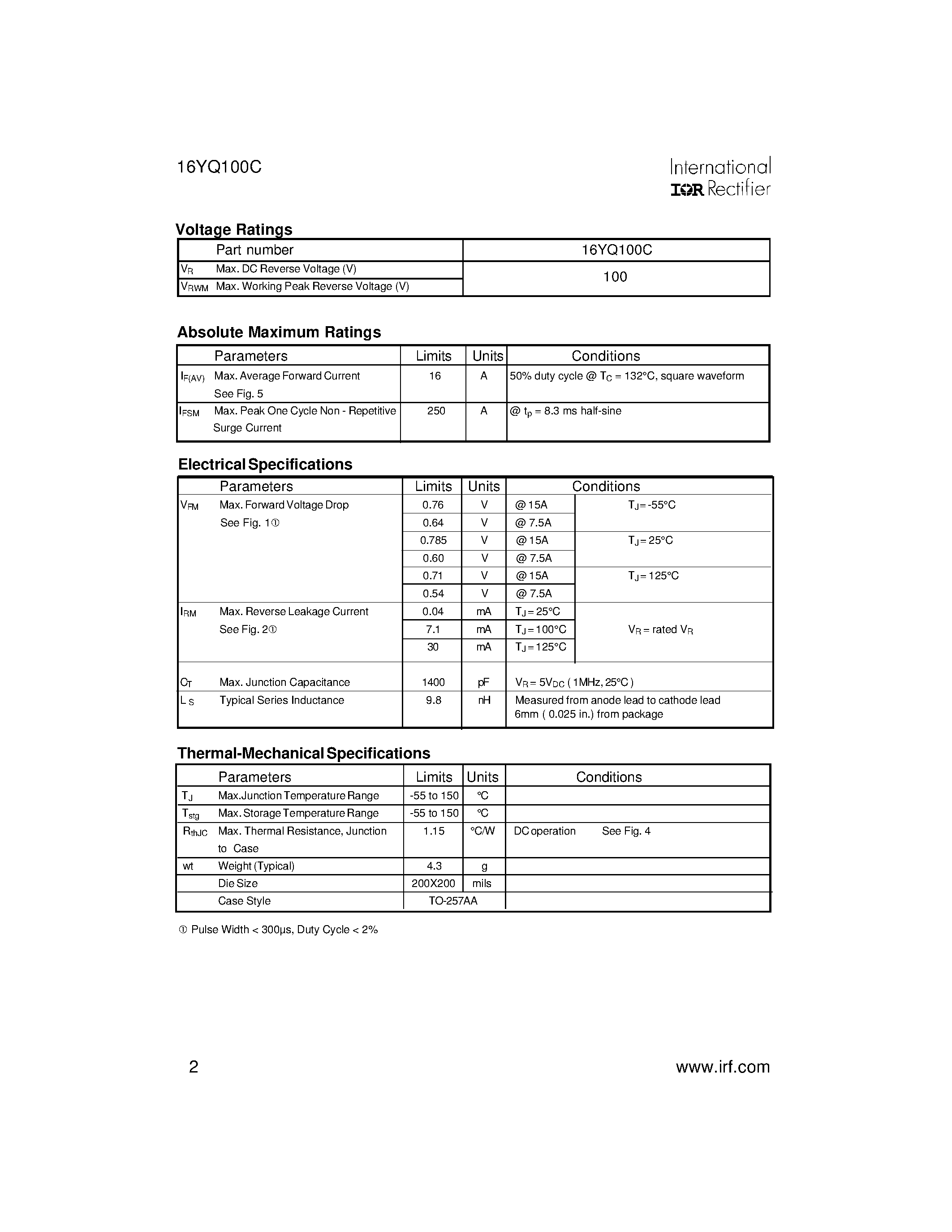 Datasheet 16YQ100C - SCHOTTKY RECTIFIER HIGH EFFICIENCY SERIES page 2