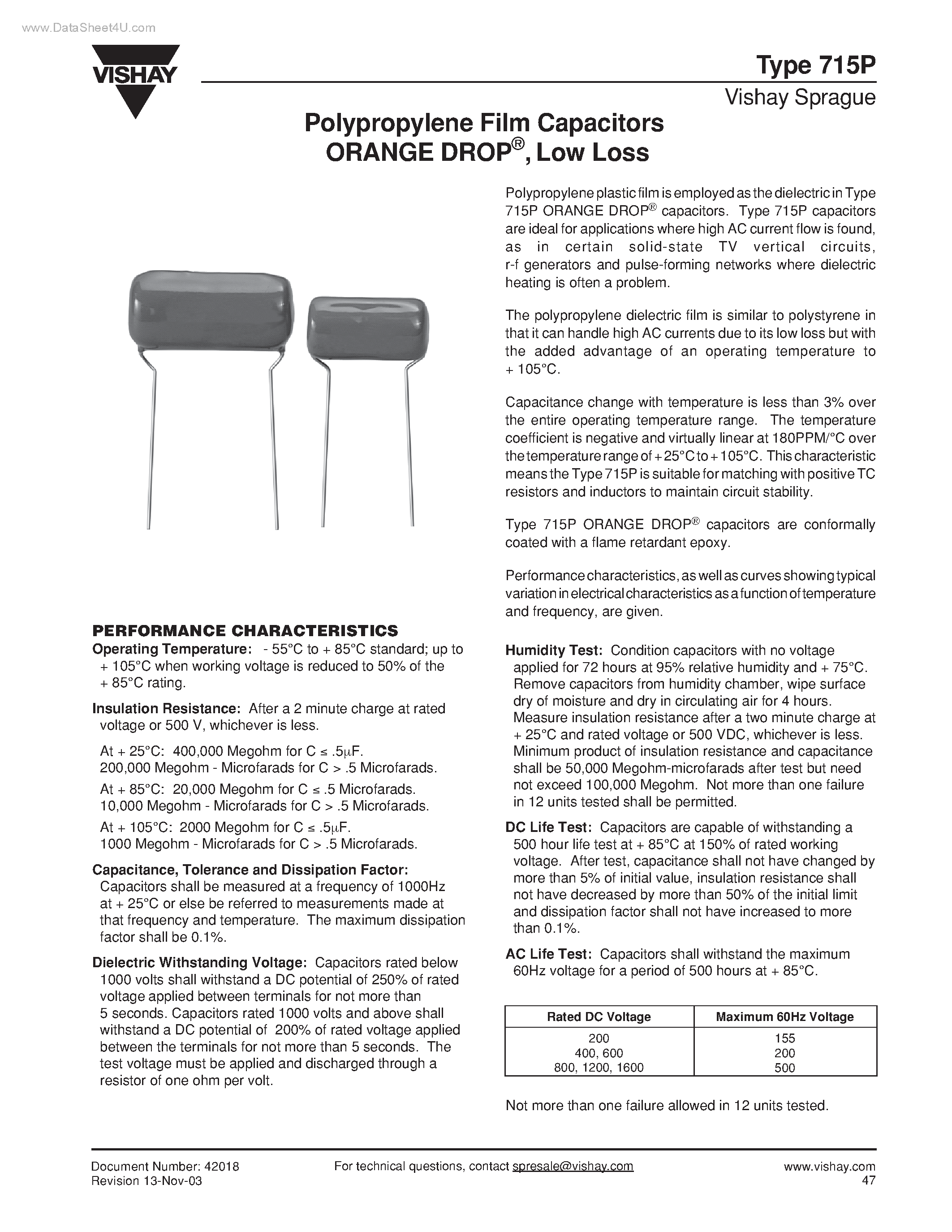 Datasheet 715P - Polypropylene Film Capacitors ORANGE DROP page 1