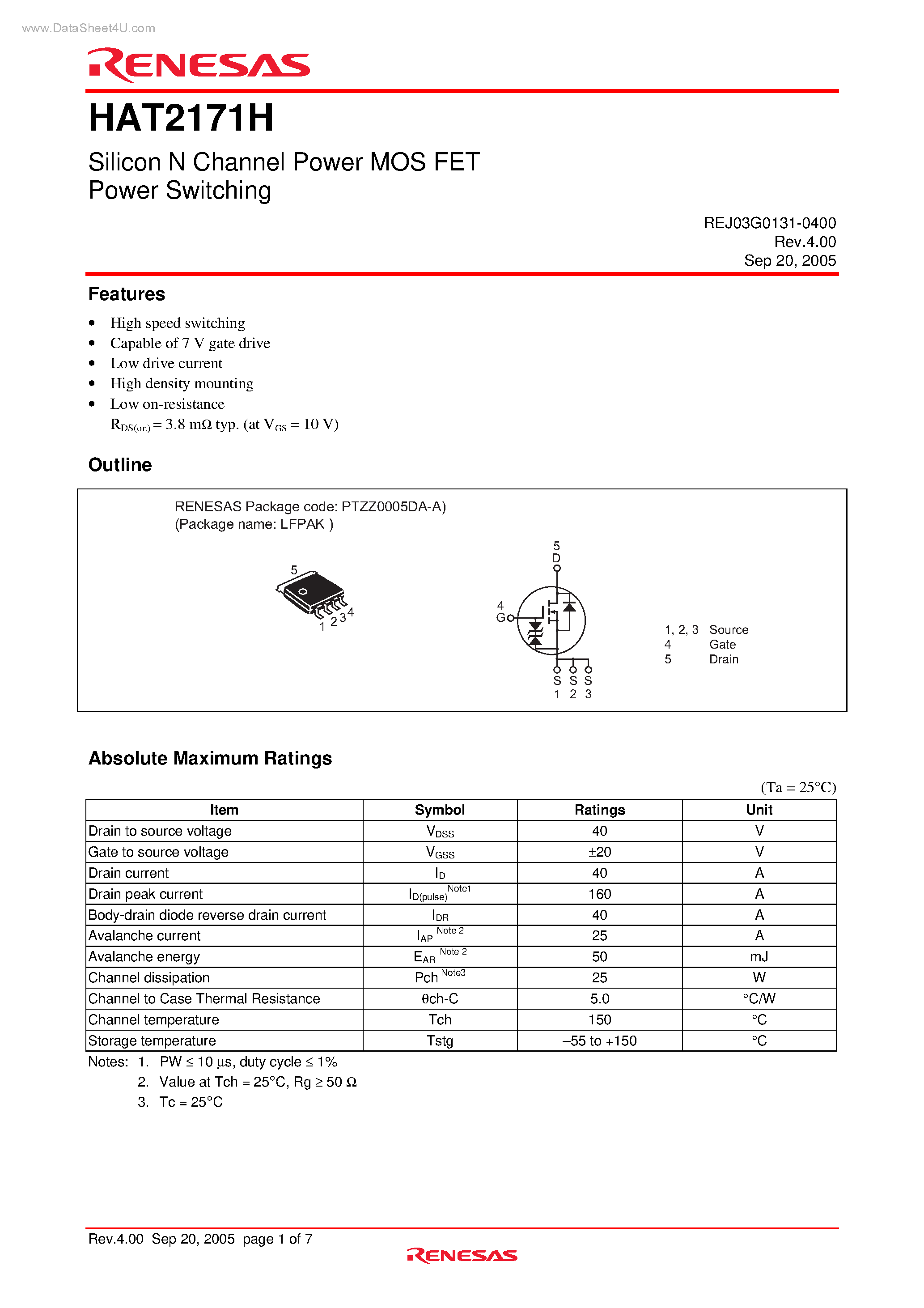 Datasheet HAT2171H - Silicon N Channel Power MOS FET Power Switching page 1