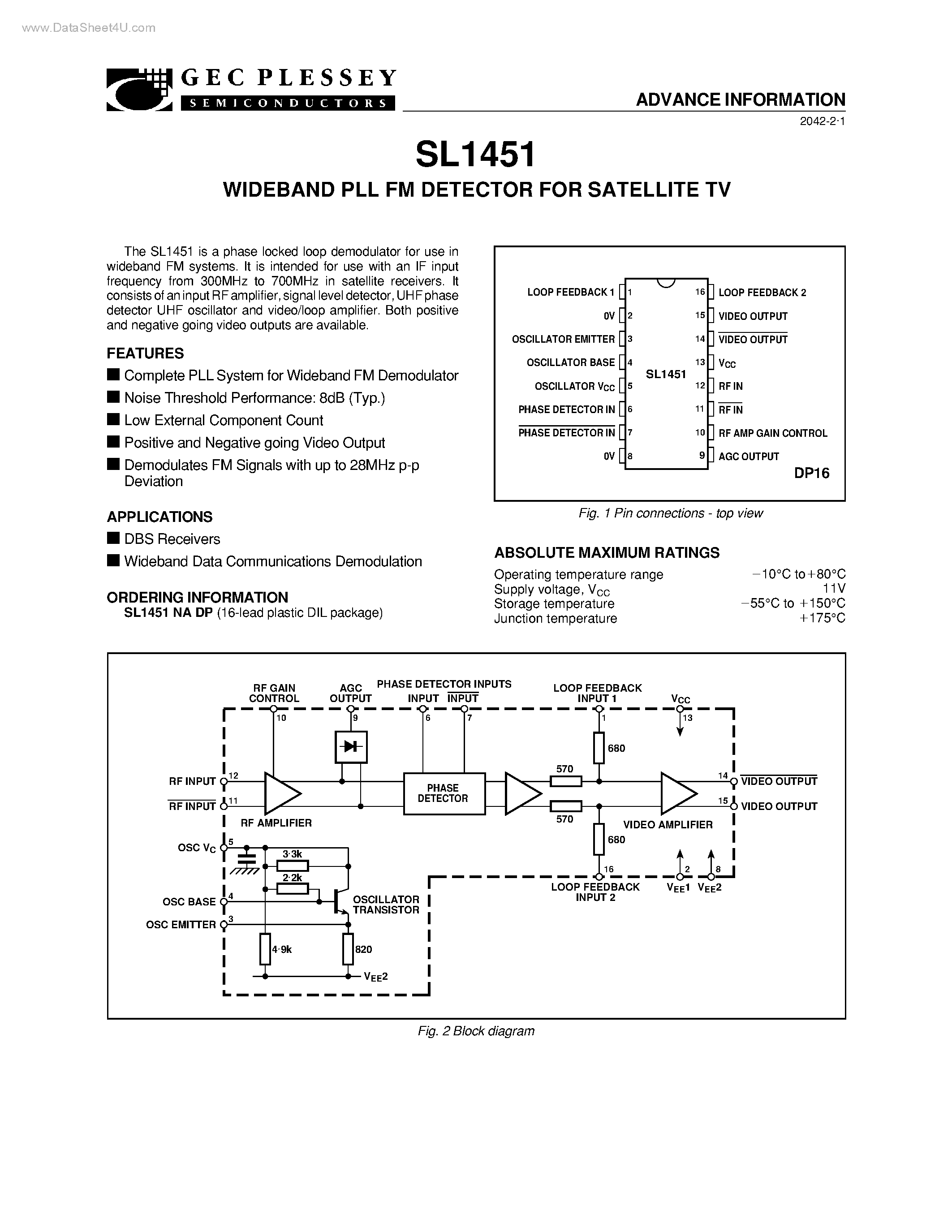 Datasheet SL1451 page 1 Datasheet SL1451 - WIDEBAND PLL FM DETECTOR page 1