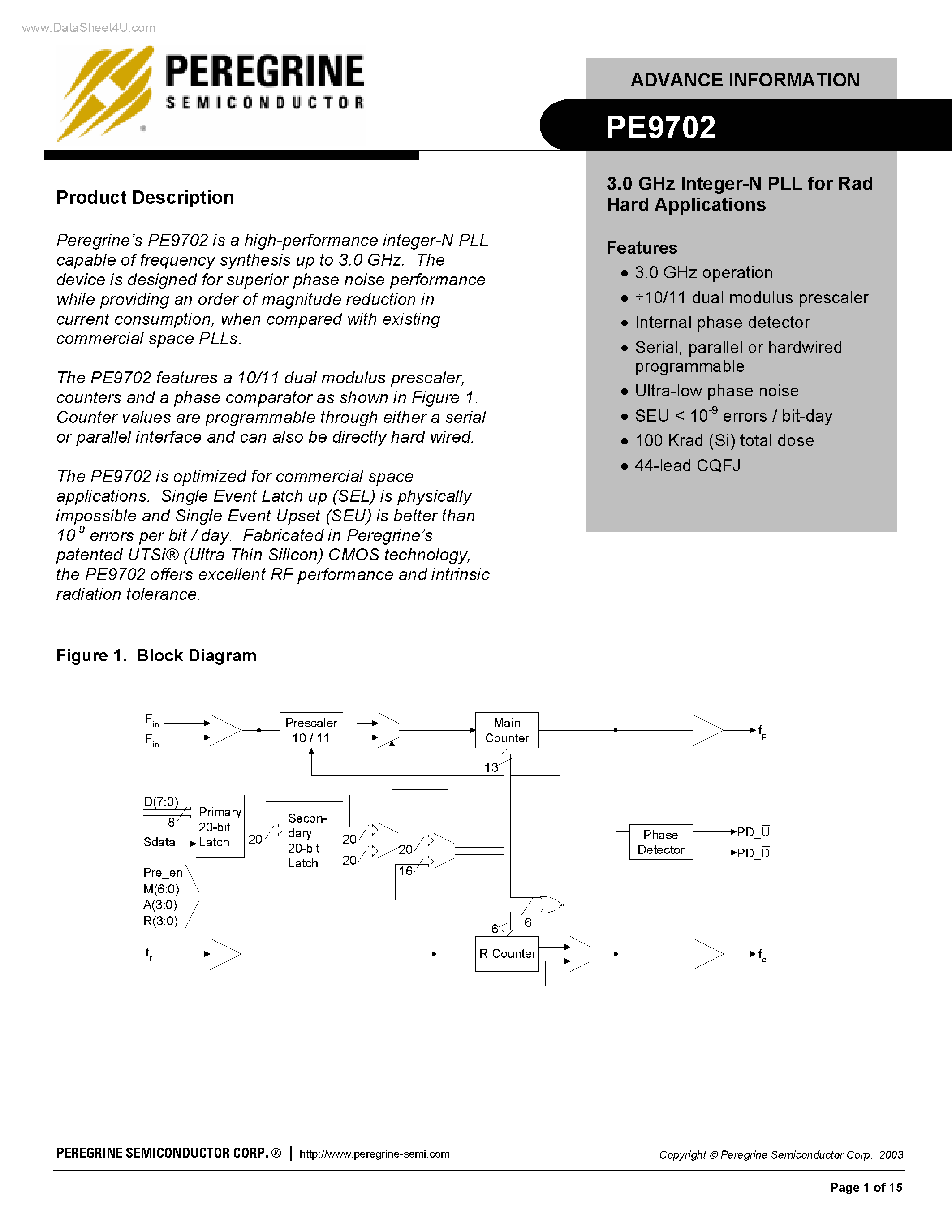 Datasheet PE9702 - 3.0 GHz Integer-N PLL page 1