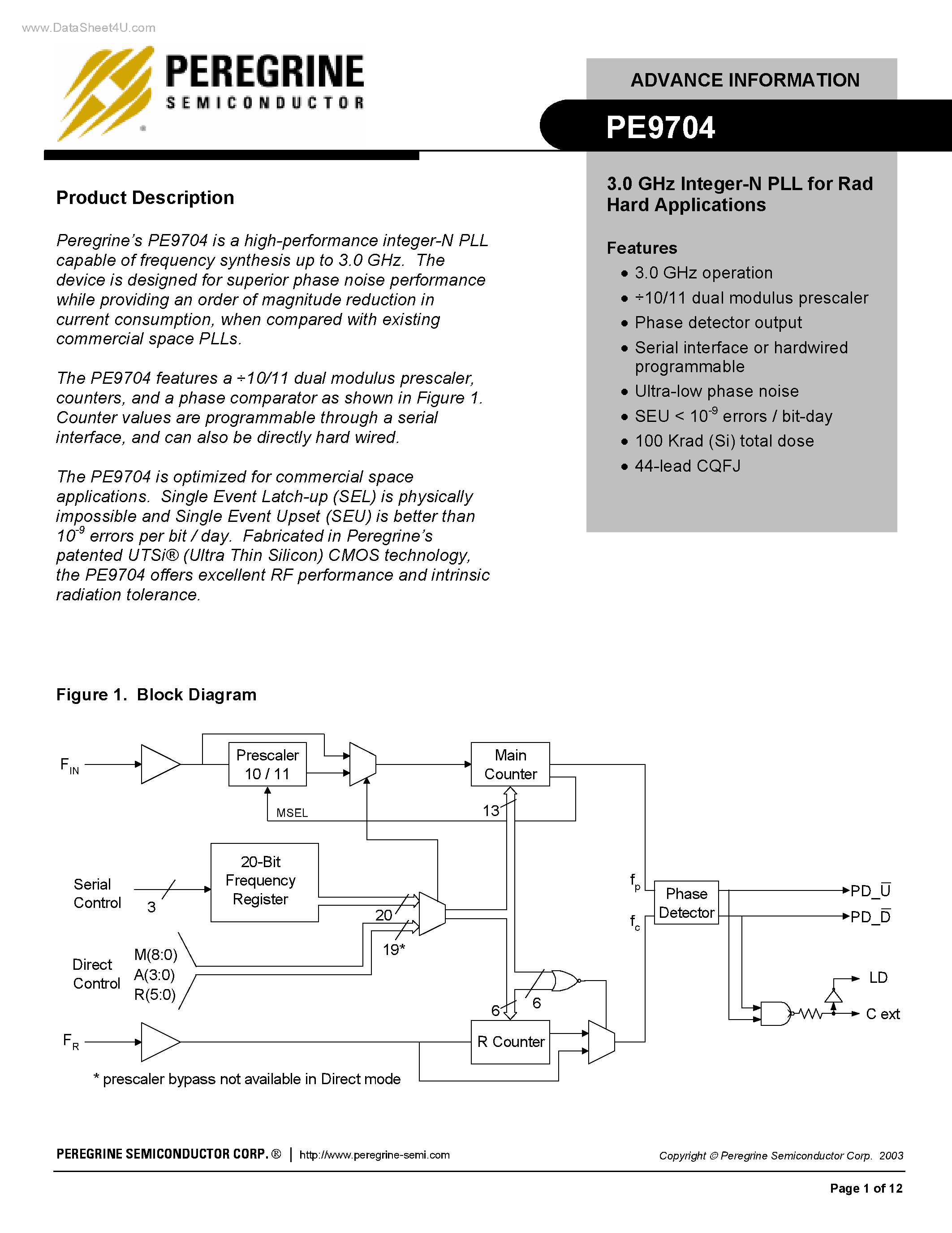 Datasheet PE9704 - 3.0 GHz Integer-N PLL page 1