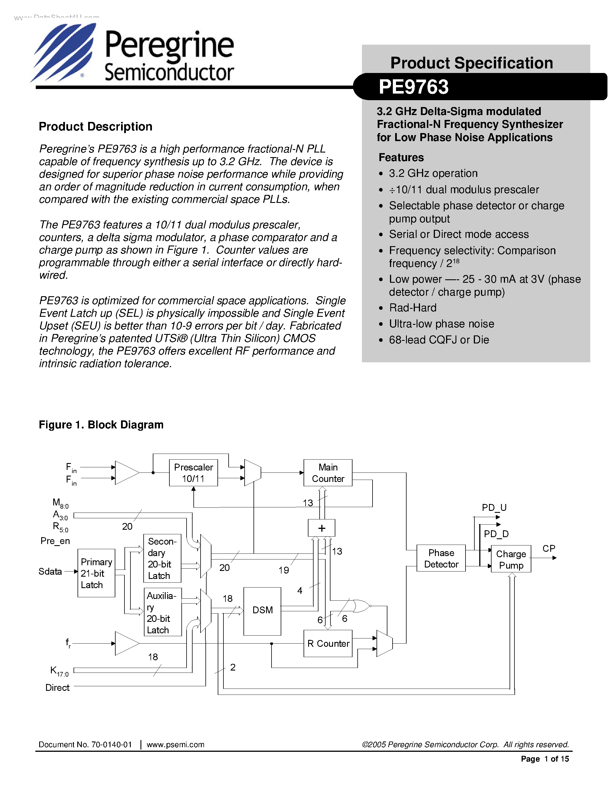 Datasheet PE9763 - 3.2 GHz Delta-Sigma modulated Fractional-N Frequency Synthesizer page 1