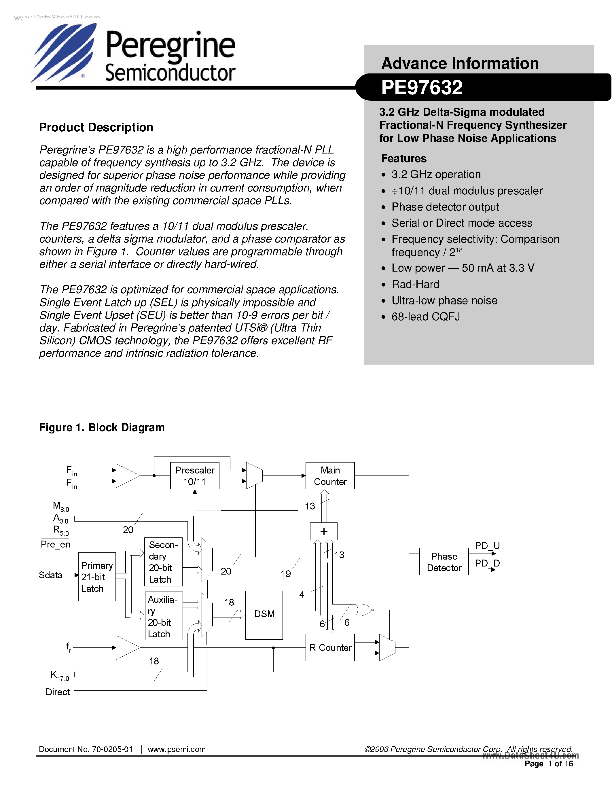 Datasheet PE97632 - 3.0 GHz Delta-Sigma modulated Fractional-N PLL Frequency Synthesizer page 1