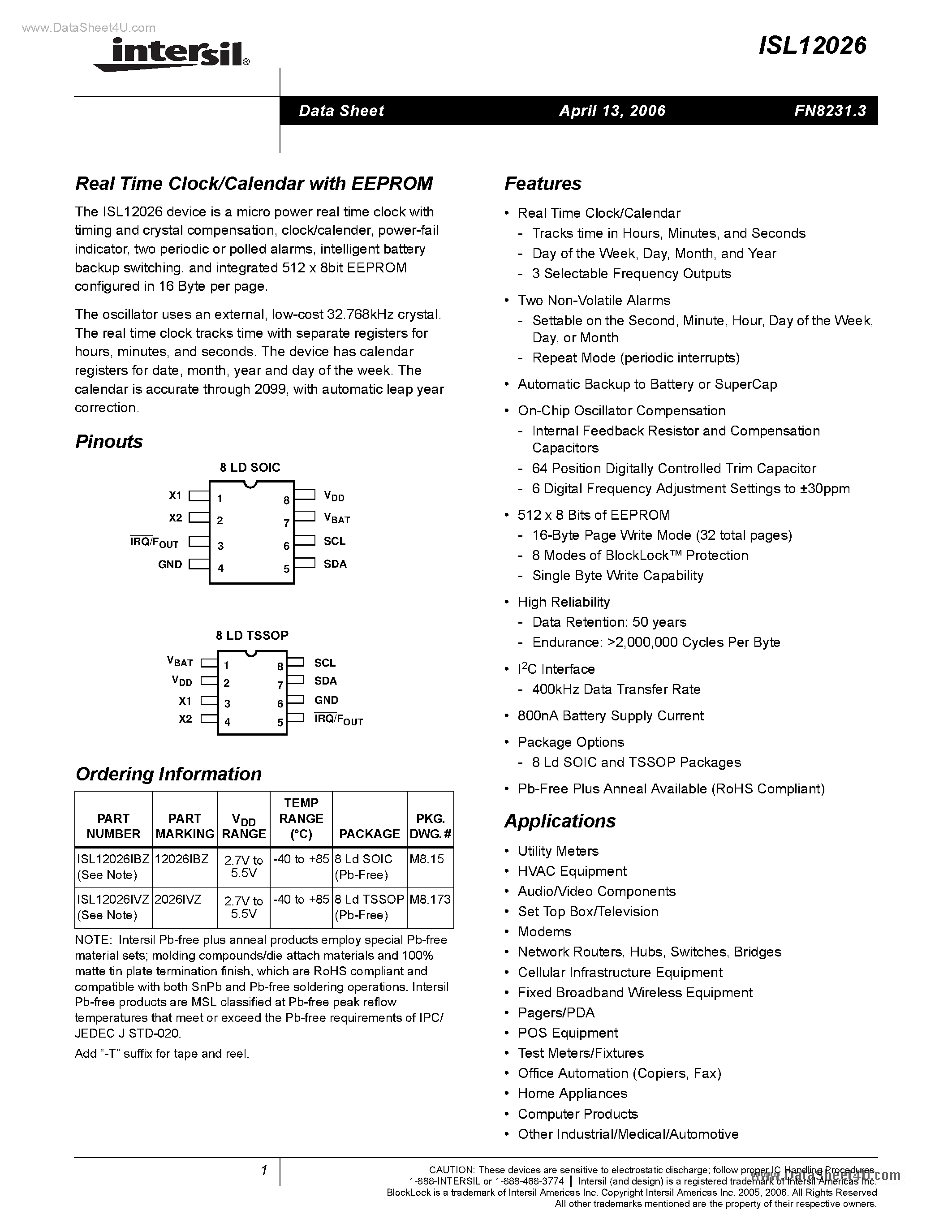 Даташит ISL12026 - Real Time Clock/Calendar страница 1