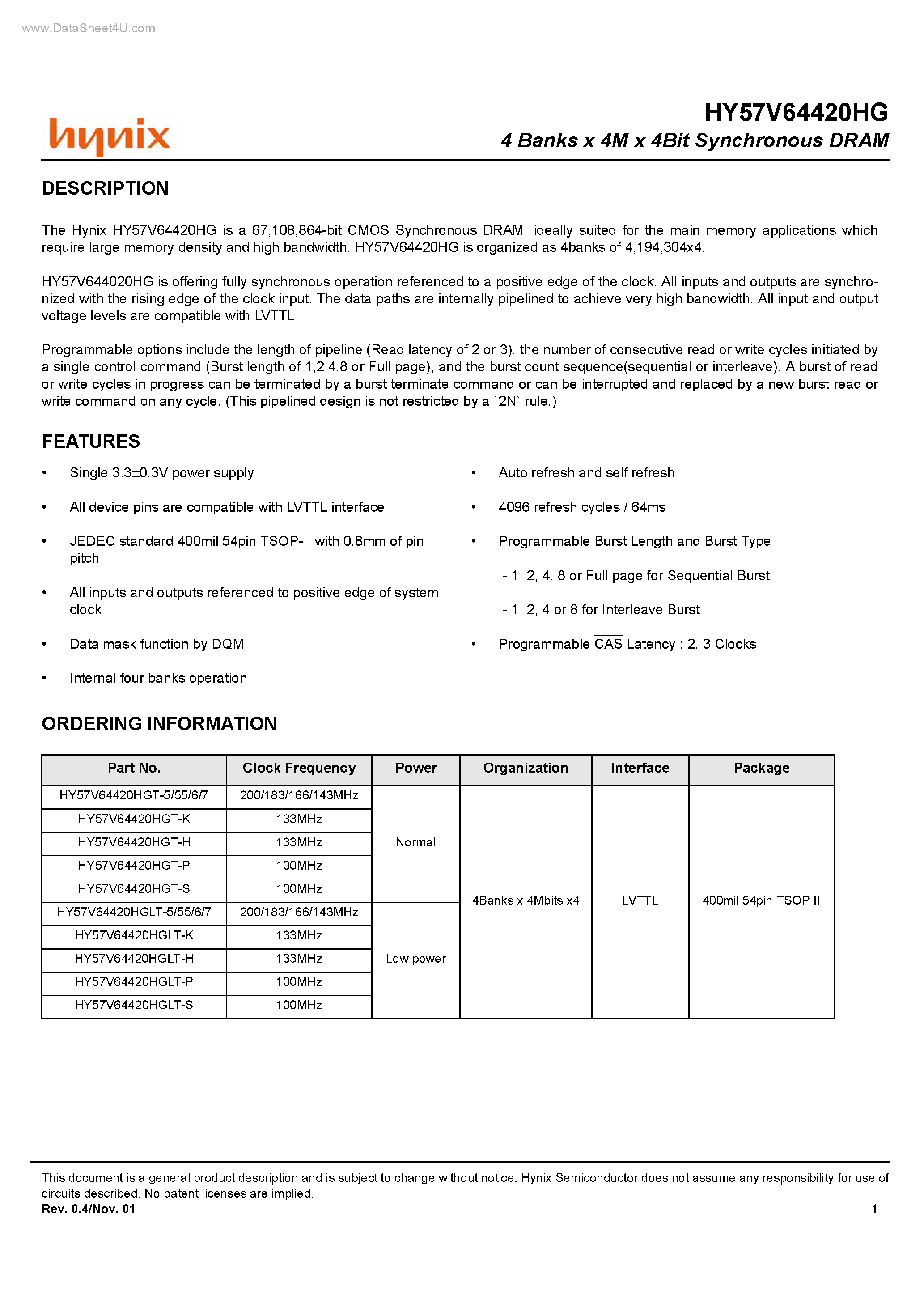 Datasheet HY57V64420HG - 4 Banks x 4M x 4Bit Synchronous DRAM page 1