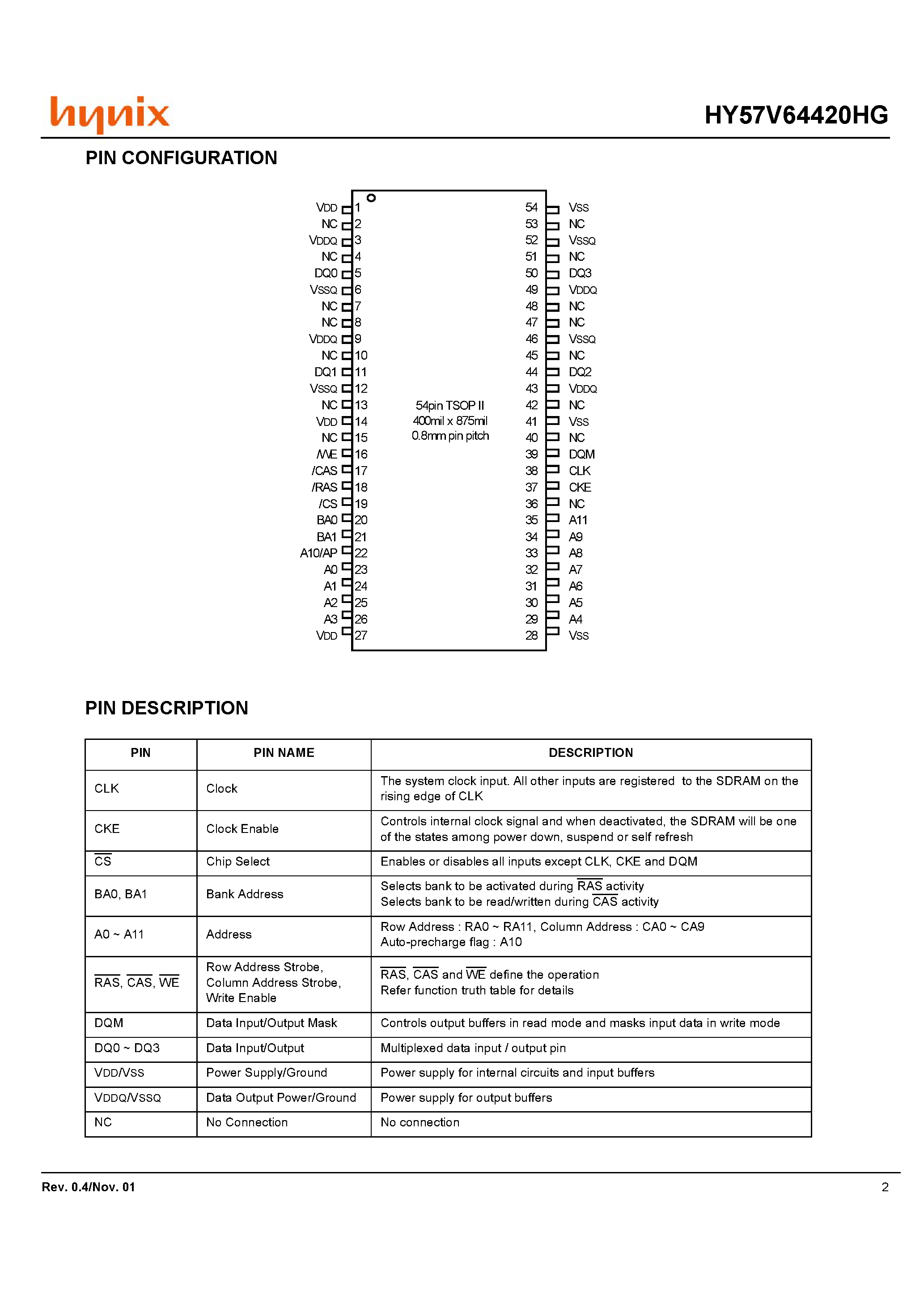 Datasheet HY57V64420HG - 4 Banks x 4M x 4Bit Synchronous DRAM page 2