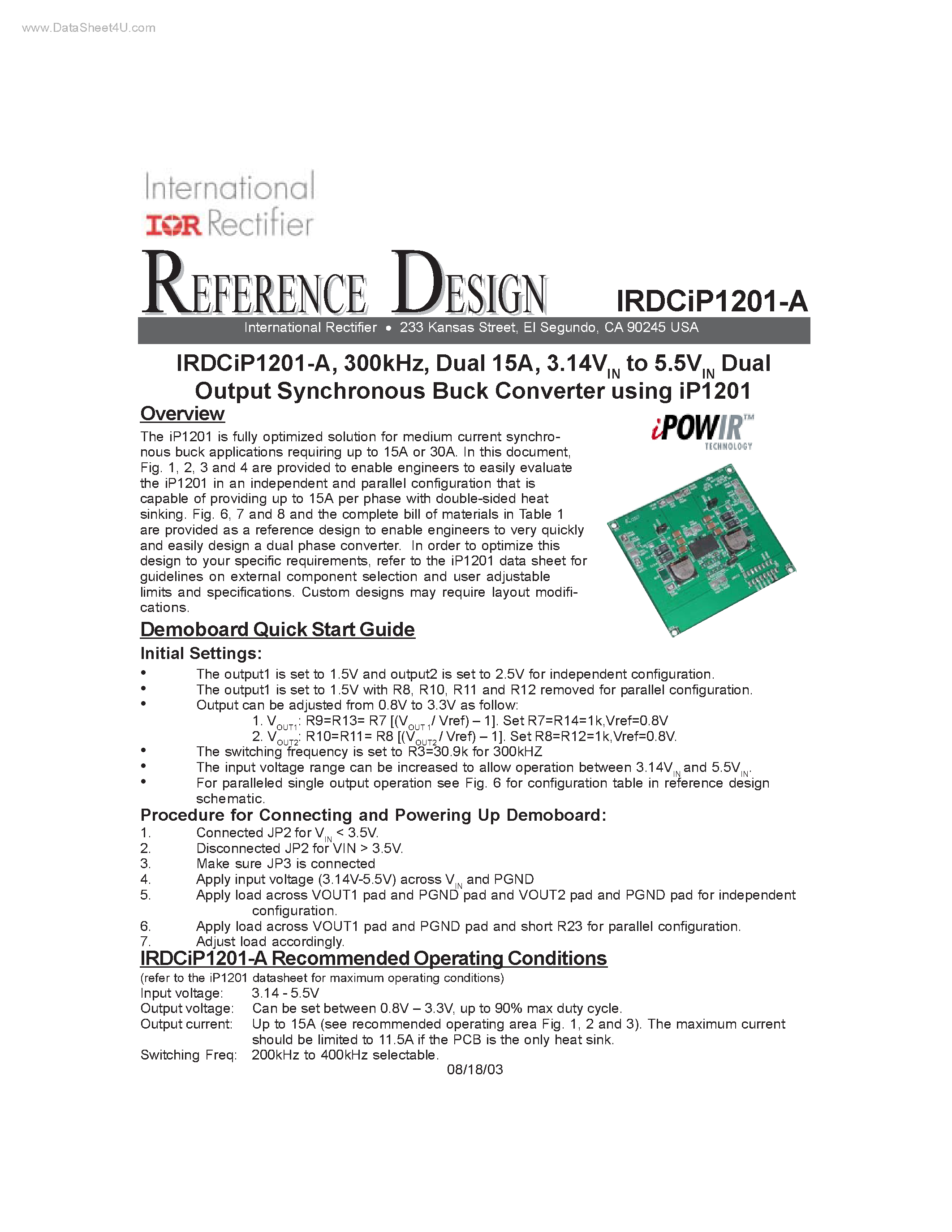 Datasheet IRDCIP1201-A - IN Dual Output Synchronous Buck Converter using iP1201 page 1