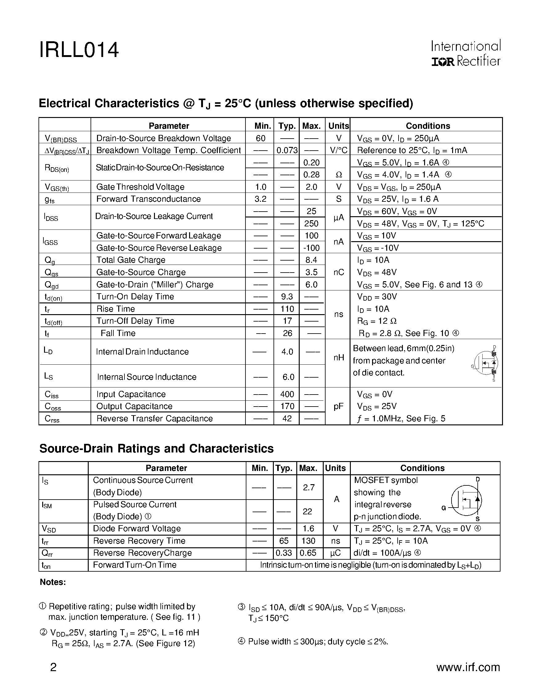 Даташит IRLL014 - Power MOSFET страница 2