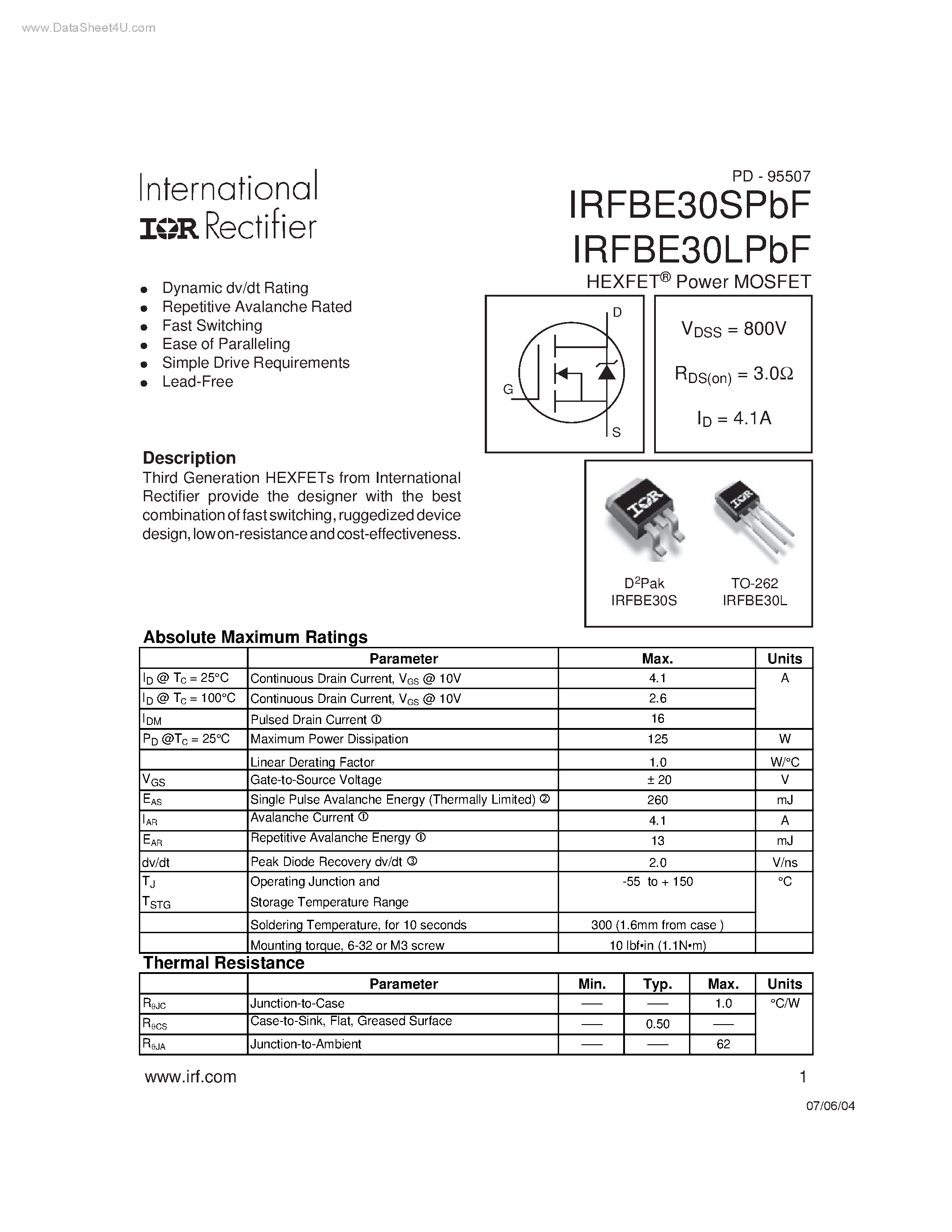 Datasheet IRFBE30LPBF - HEXFET Power MOSFET page 1