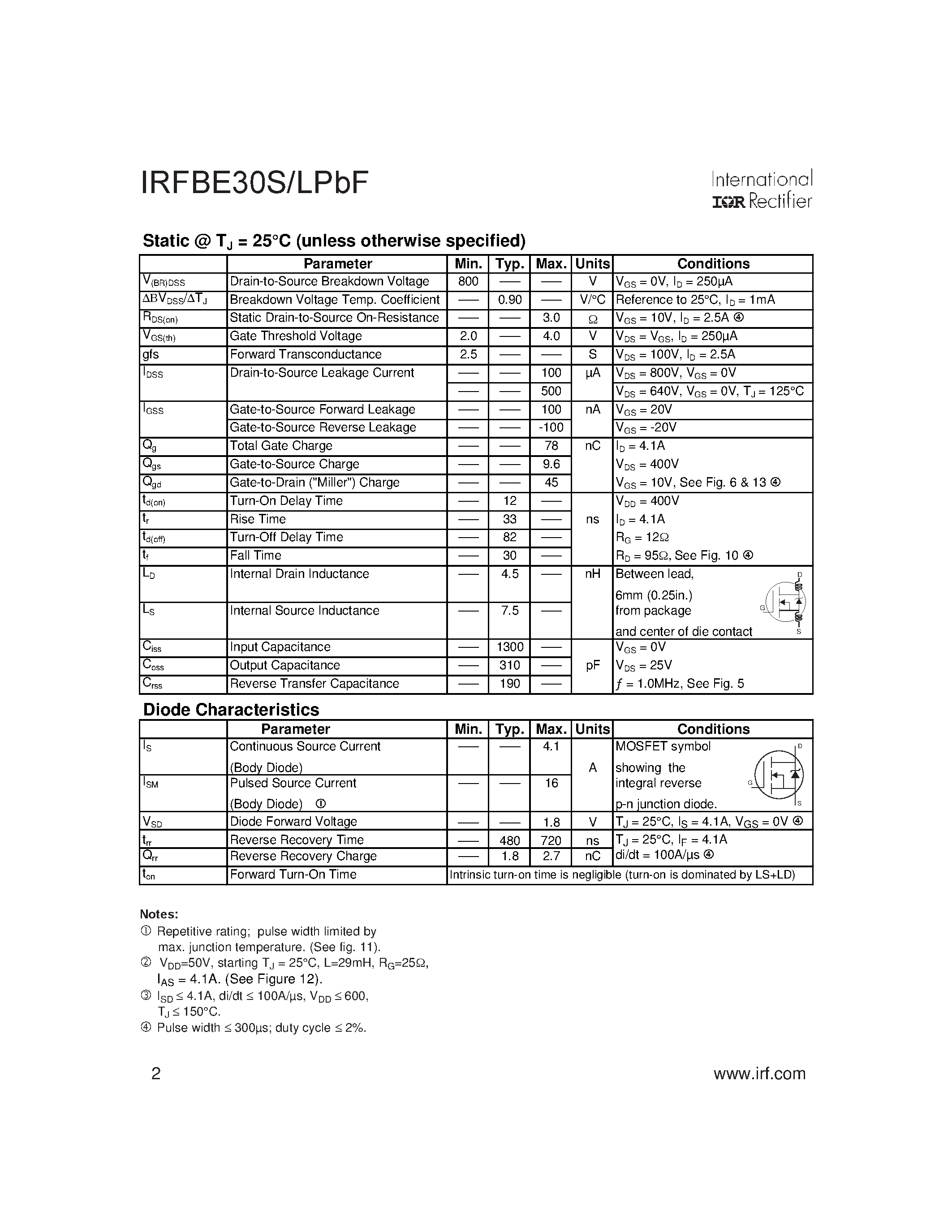Datasheet IRFBE30LPBF - HEXFET Power MOSFET page 2