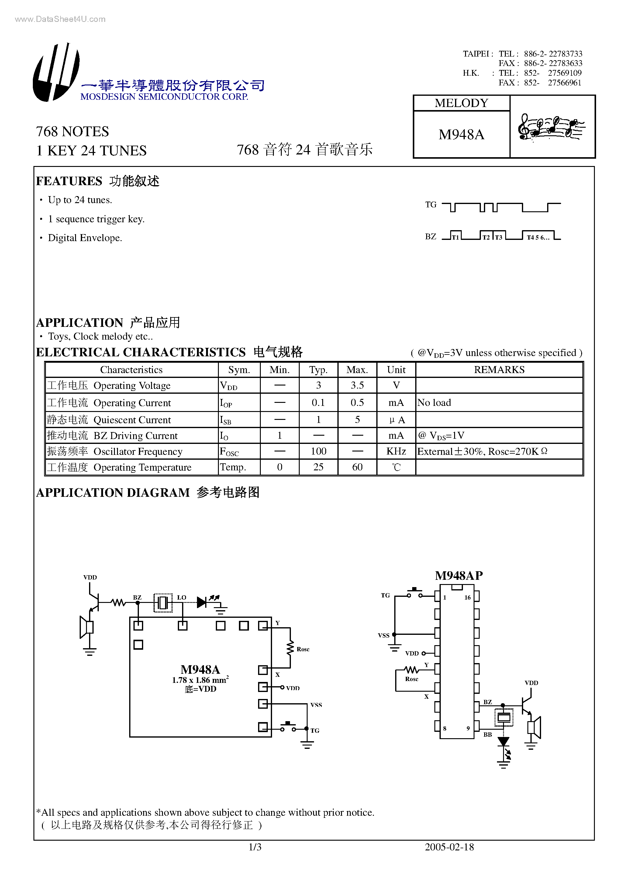 Datasheet M948A - 768 NOTES 1 KEY 24 TUNES page 1