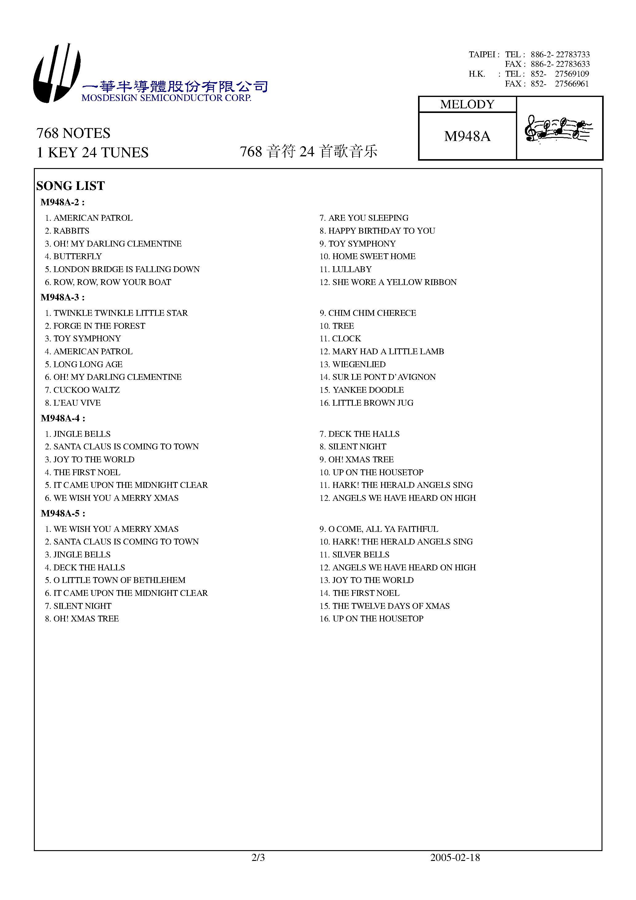 Datasheet M948A - 768 NOTES 1 KEY 24 TUNES page 2