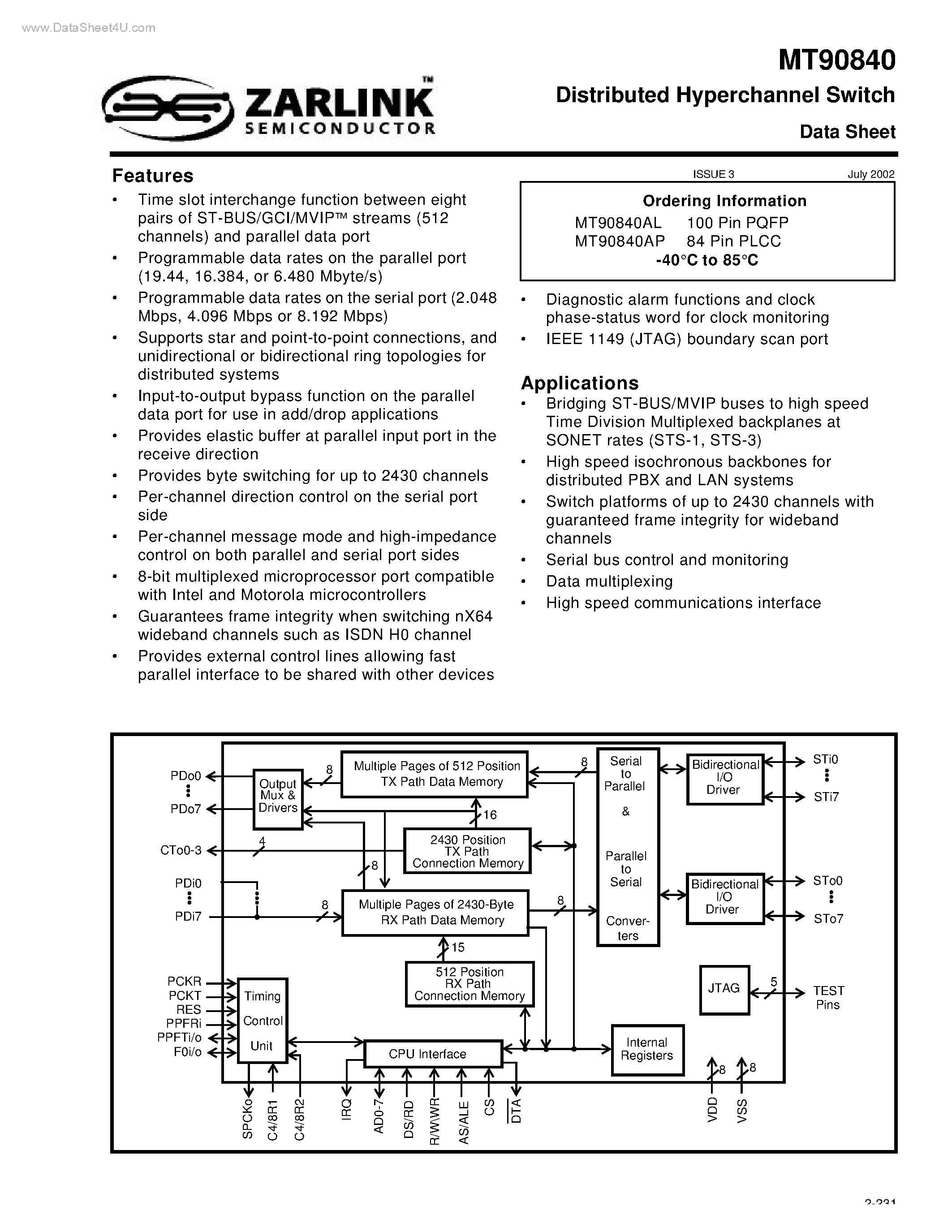 Datasheet MT90840 page 1 Datasheet MT90840 - Distributed Hyperchannel Switch page 1