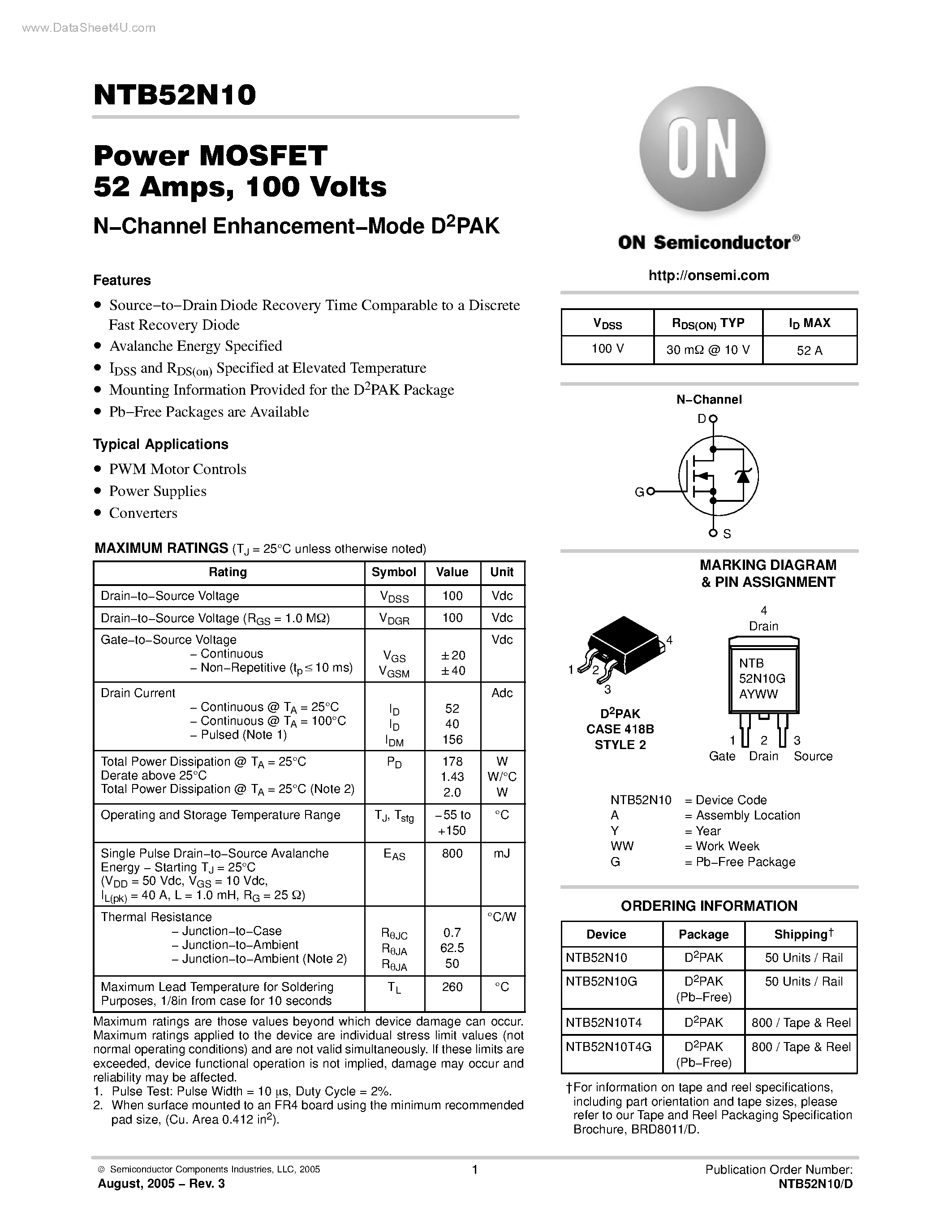 Datasheet NTB52N10 - N-Channel Enhancement-Mode D2PAK page 1
