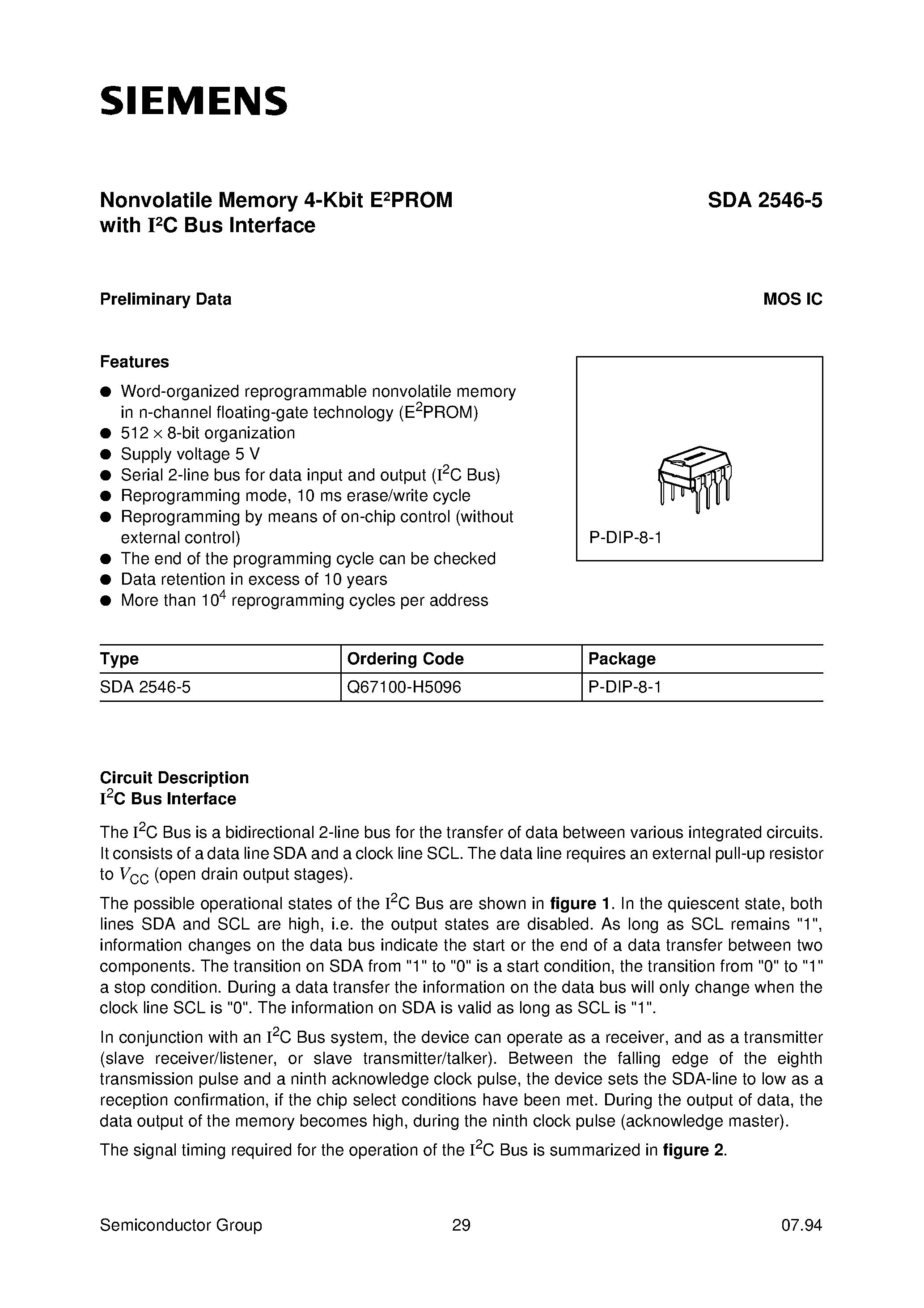 Datasheet SDA2546-5 - Nonvolatile Memory 4-Kbit E2PROM page 1