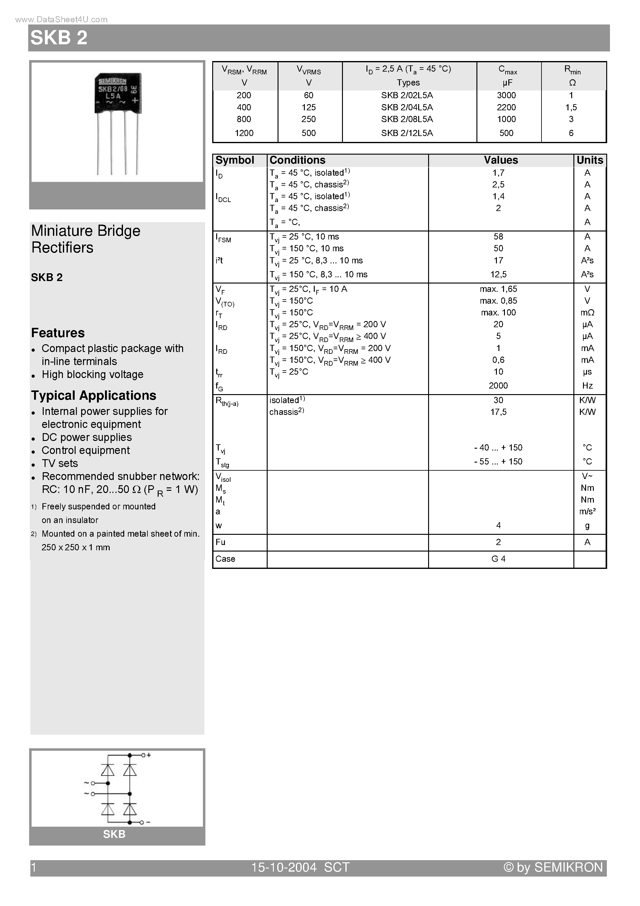 Datasheet SKB2 page 1 Datasheet SKB2 - Miniature Bridge Rectifiers page 1