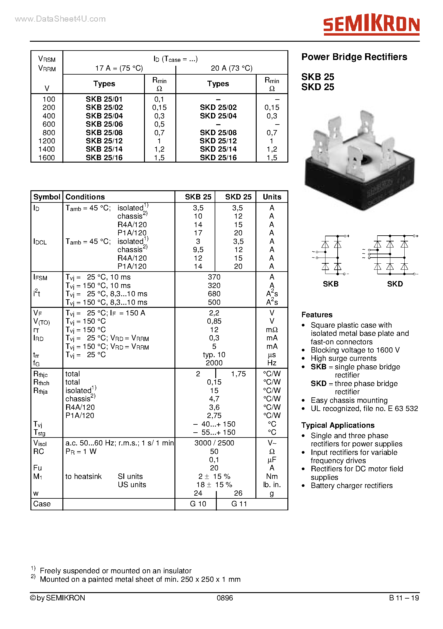 Datasheet SKB25 page 1 Datasheet SKB25 - Power Bridge Rectifiers page 1