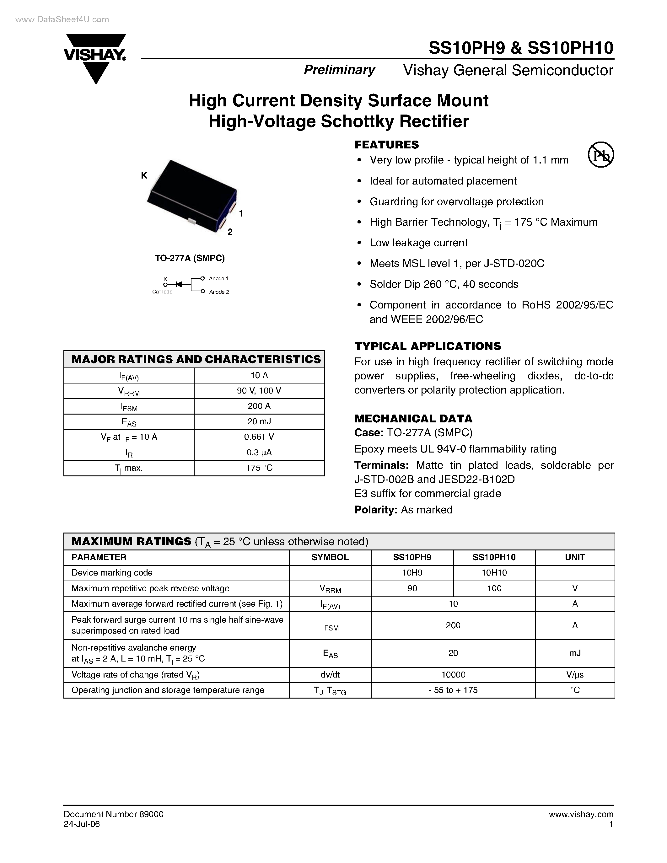 Datasheet SS10PH10 - (SS10PH9 / SS10PH10) High Current Density Surface Mount High-Voltage Schottky Rectifier page 1