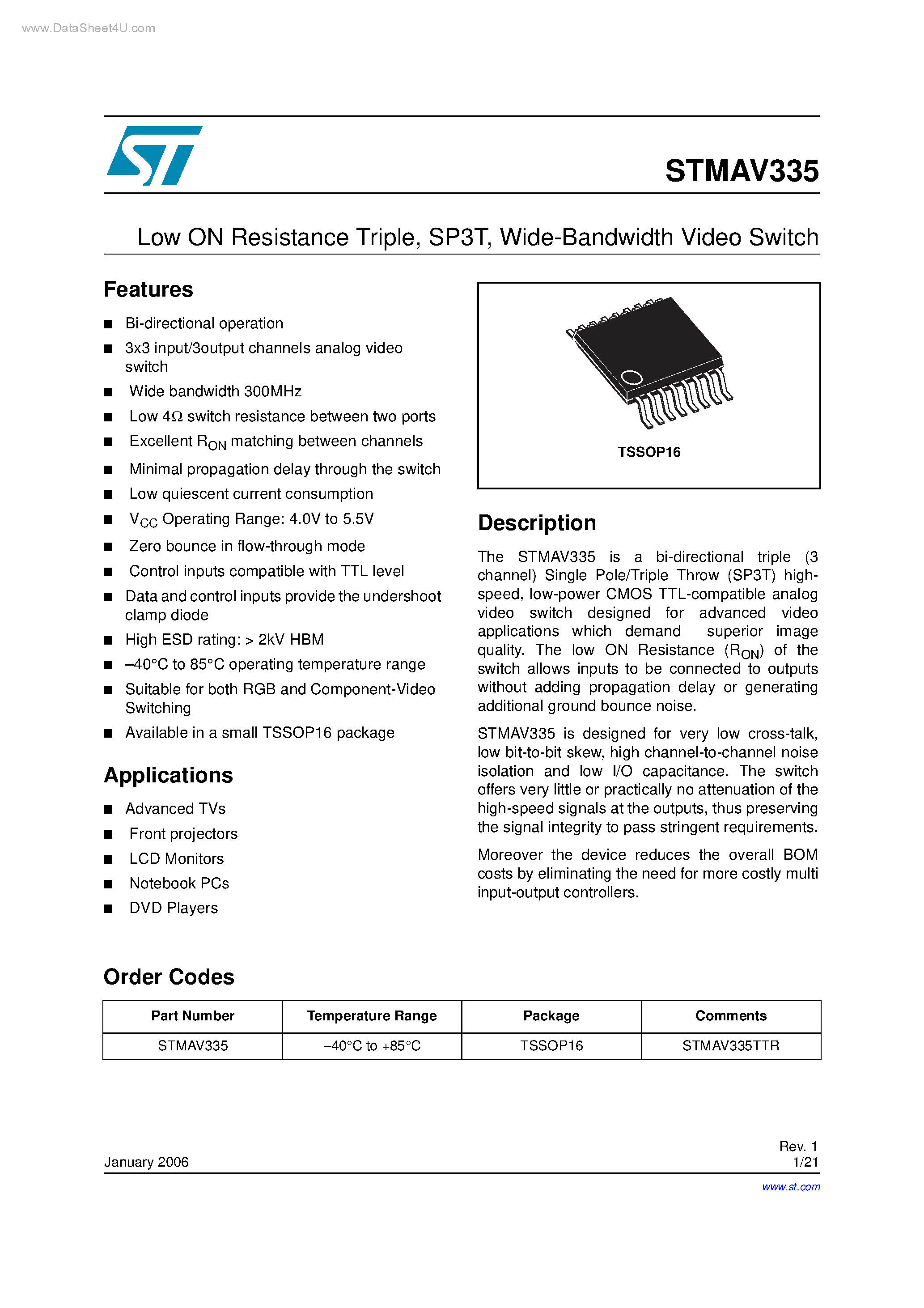 Datasheet STMAV335 page 1 Datasheet STMAV335 - Wide-Bandwidth Video Switch page 1