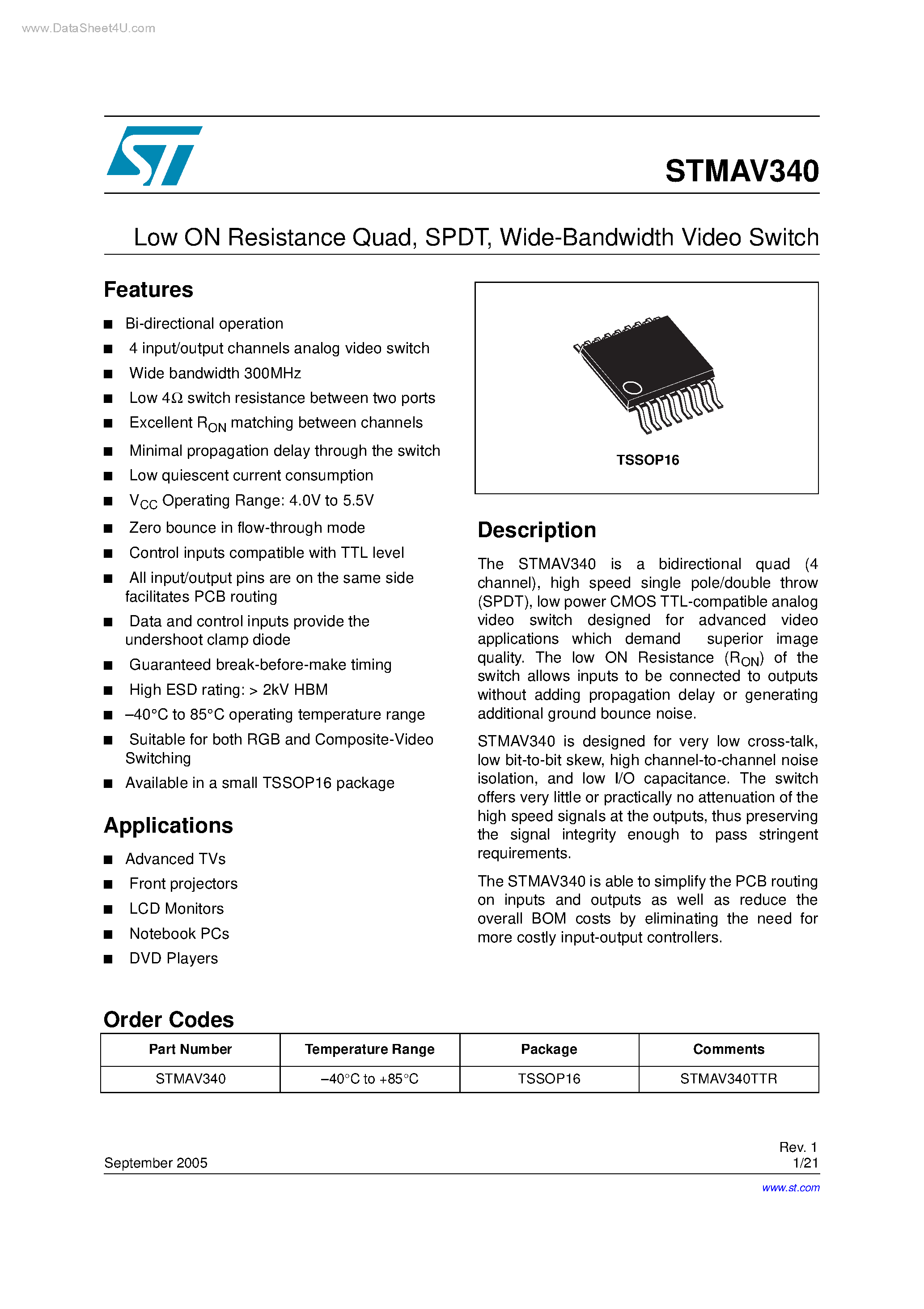 Datasheet STMAV340 page 1 Datasheet STMAV340 - Wide-Bandwidth Video Switch page 1