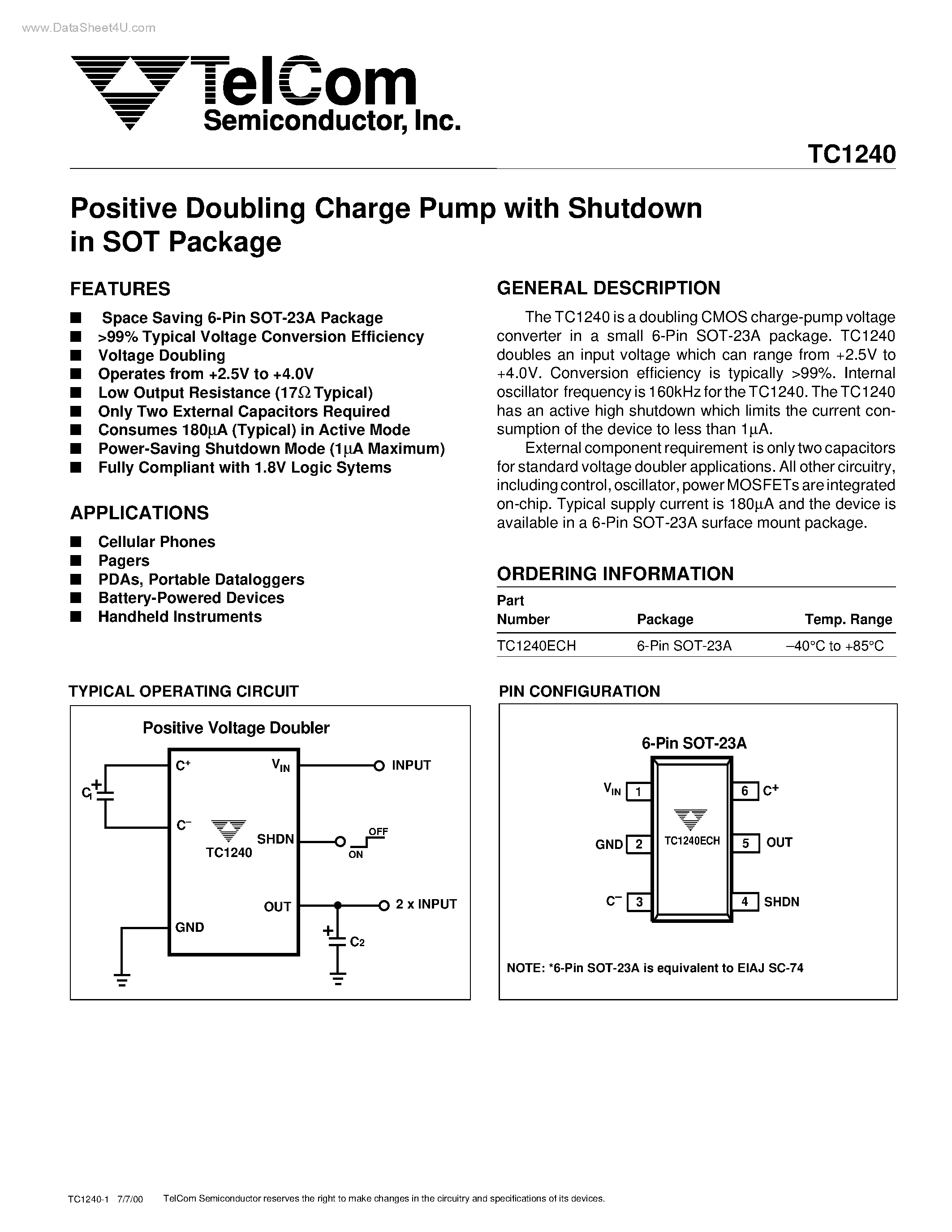 Datasheet TC1240 page 1 Datasheet TC1240 - Positive Doubling Charge Pump page 1