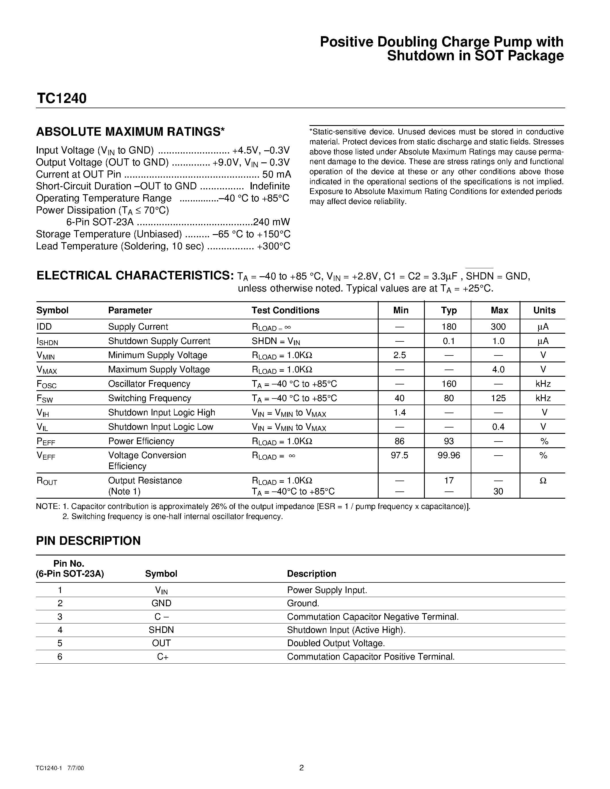 Datasheet TC1240 page 2 Datasheet TC1240 - Positive Doubling Charge Pump page 2