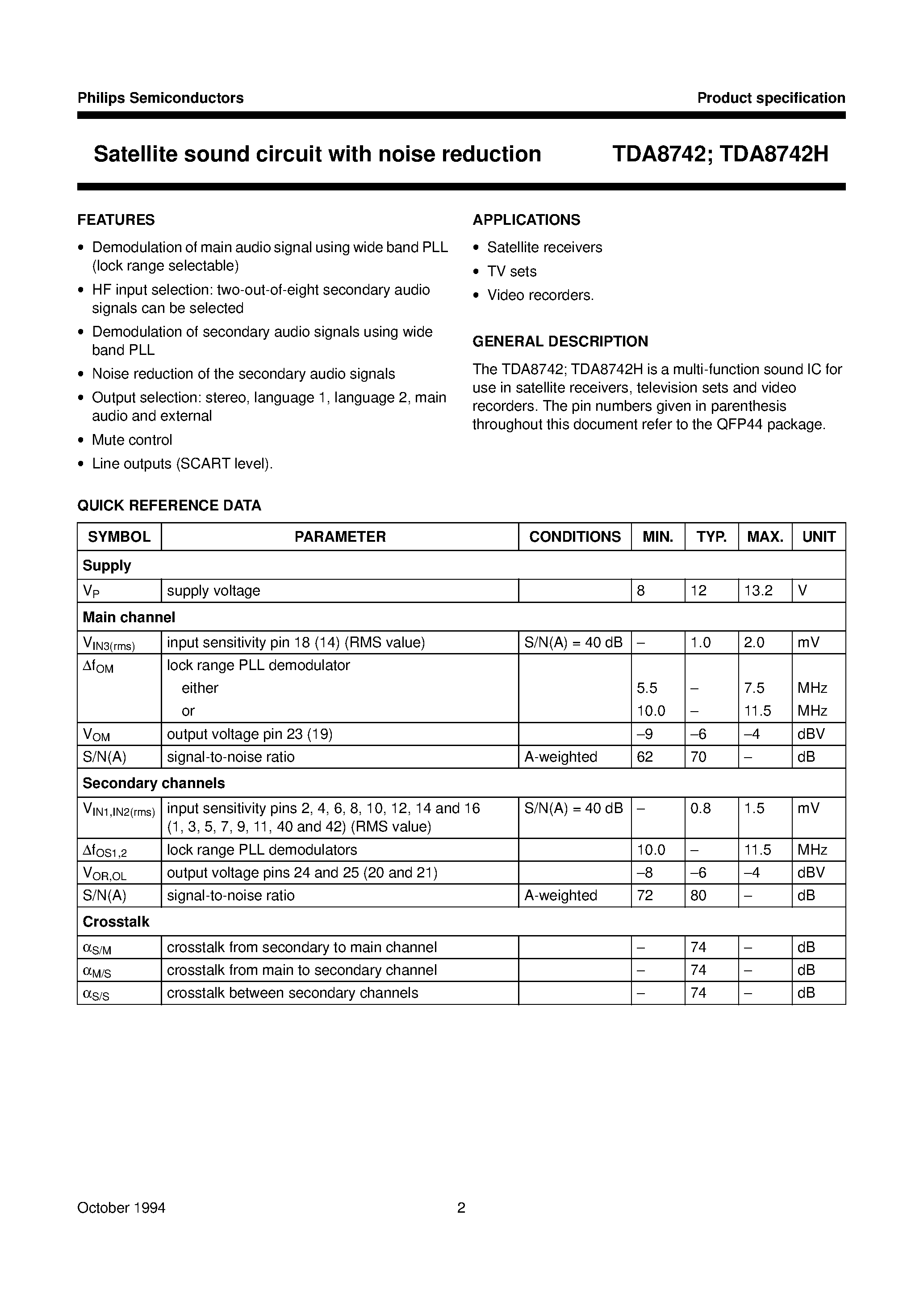 Даташит TDA8742 - Satellite sound circuit страница 2