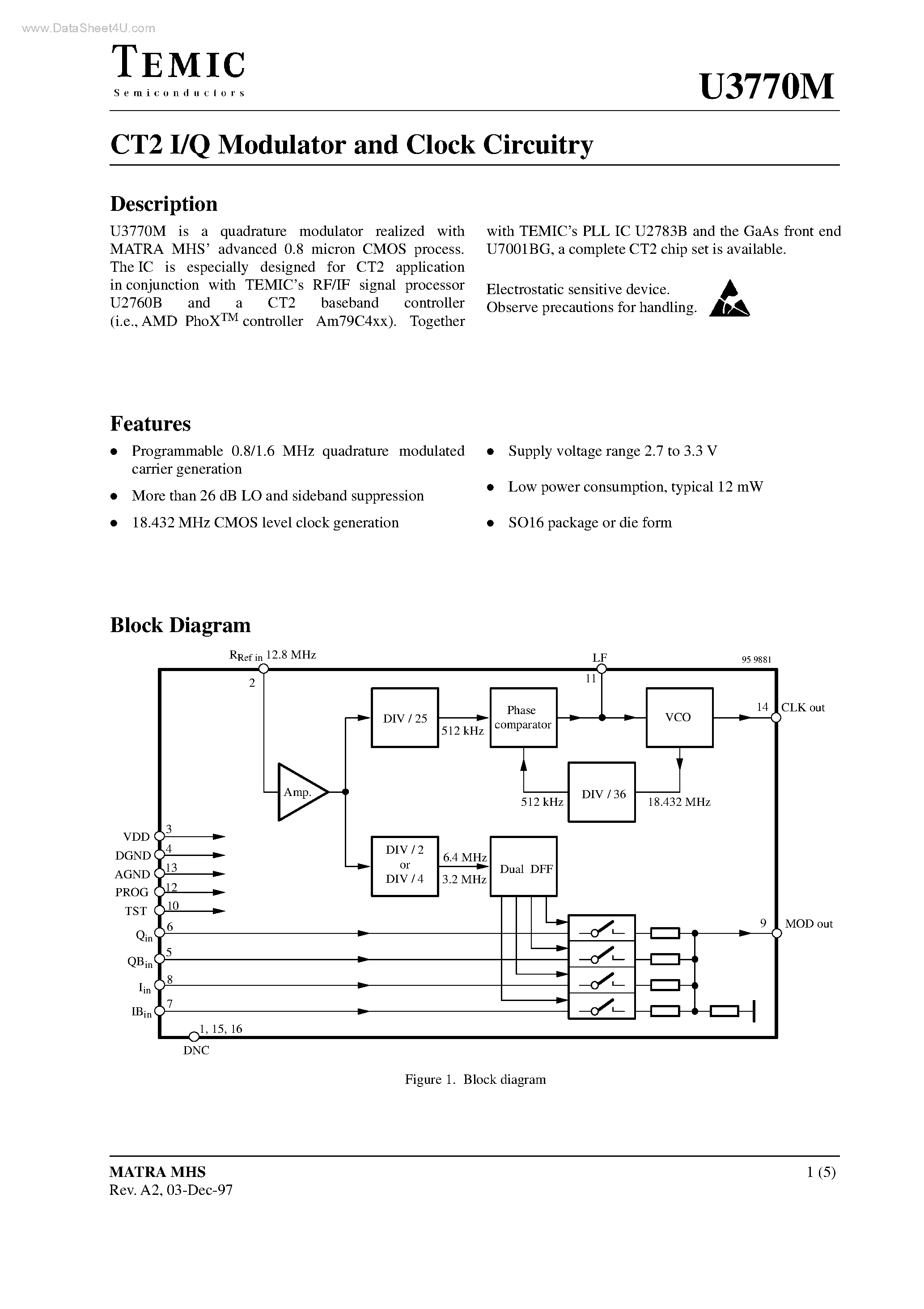 Datasheet U3770M - CT2 I/Q Modulator and Clock Circuitry page 1
