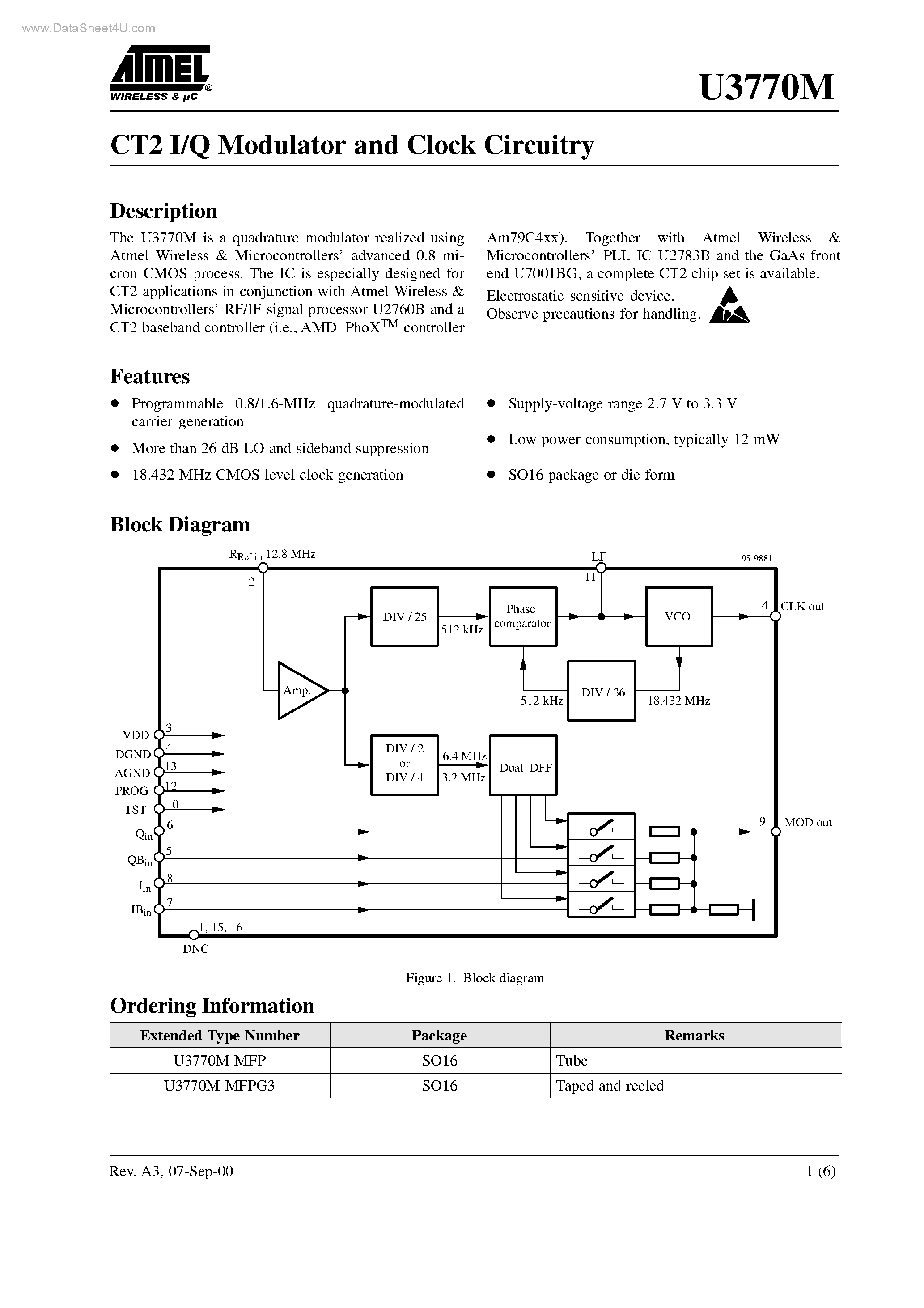 Datasheet U3770M - CT2 I/Q Modulator and Clock Circuitry page 1