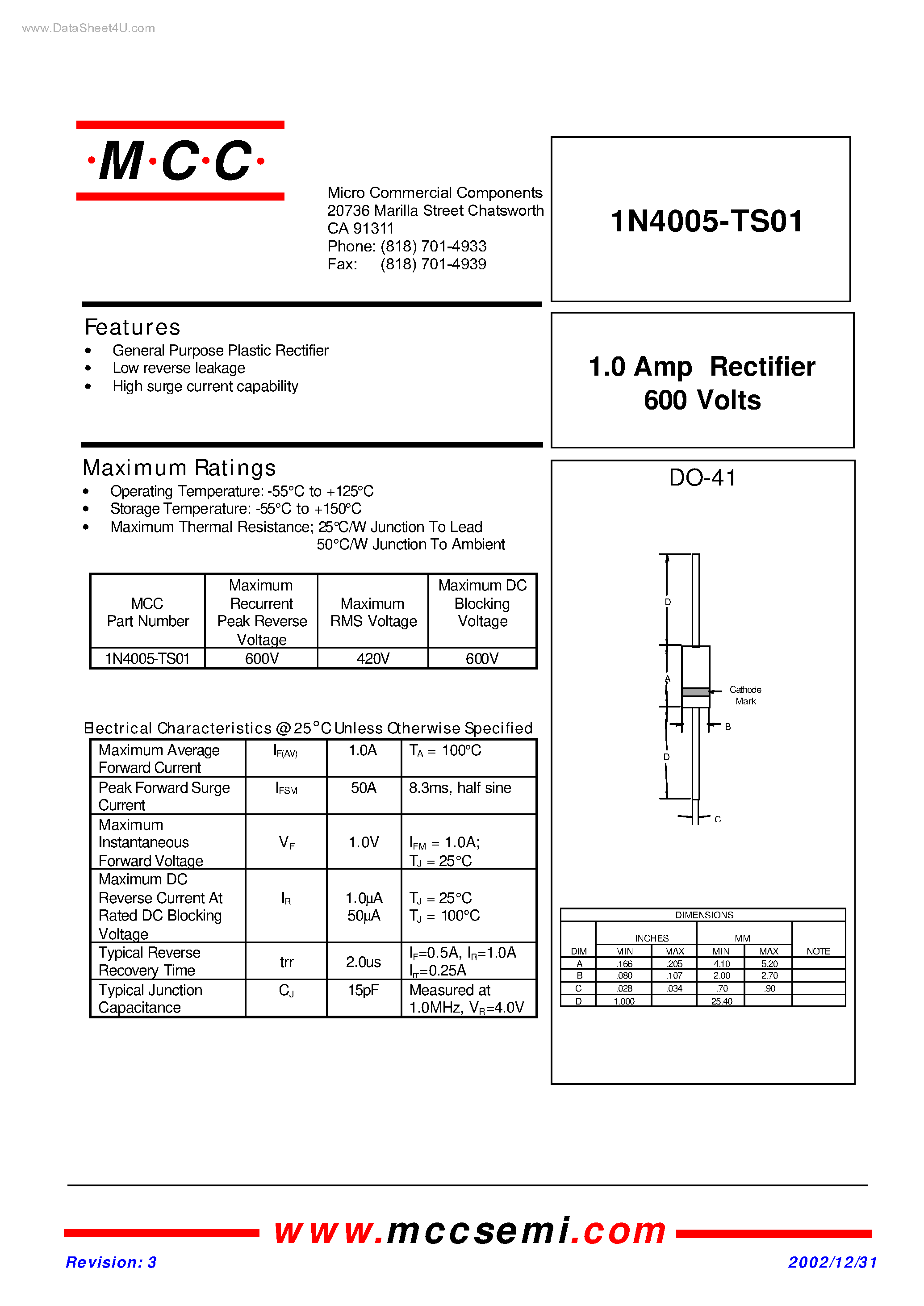 Datasheet 1N4005-TS01 page 1 Datasheet 1N4005-TS01 - 1.0 Amp Rectifier 600 Volts page 1