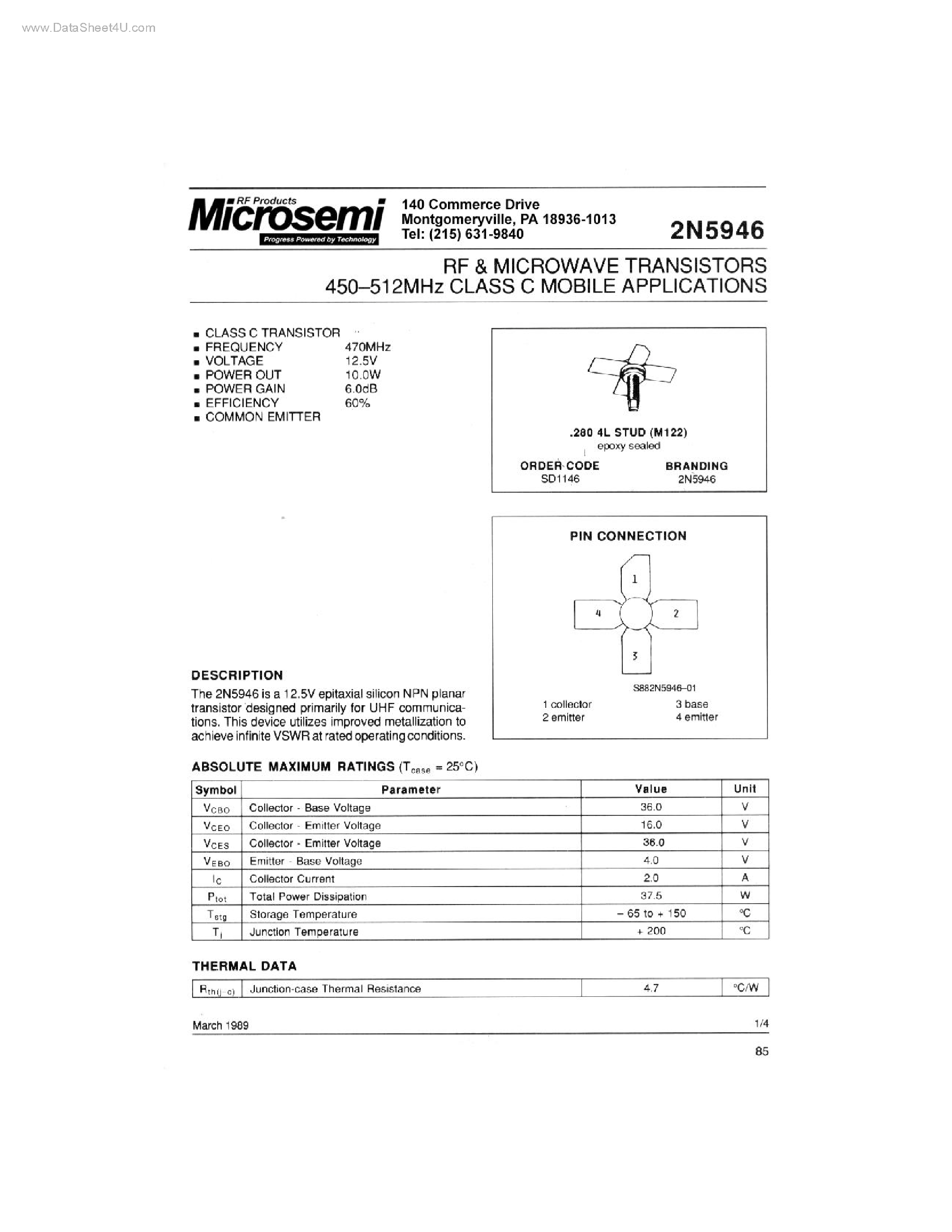 Даташит на микросхему 2N5946 страница 1 Даташит 2N5946 - RF & MICROWAVE TRANSISTORS страница 1