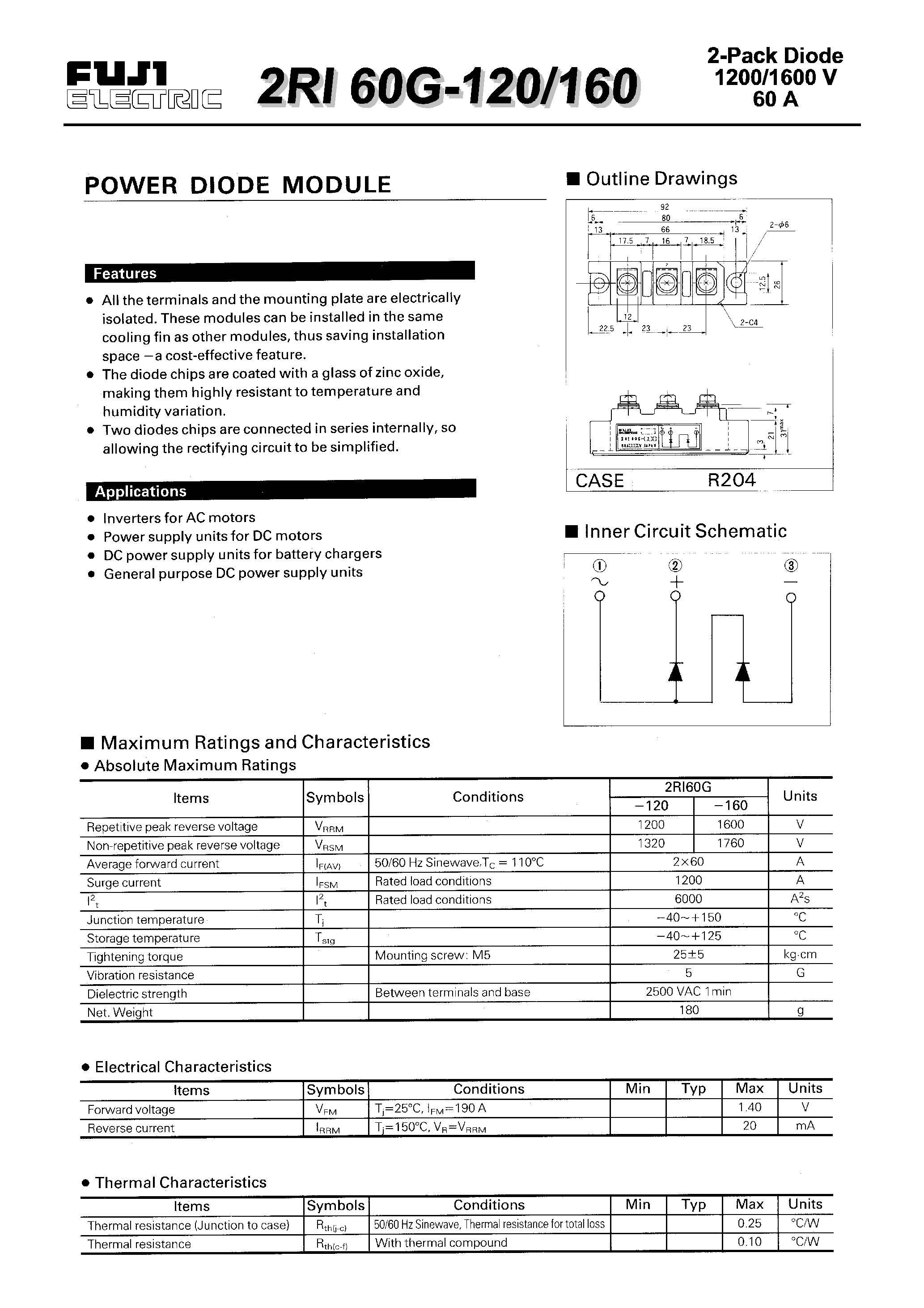 Datasheet 2RI60G-120 - POWER DIODE MODULE page 1