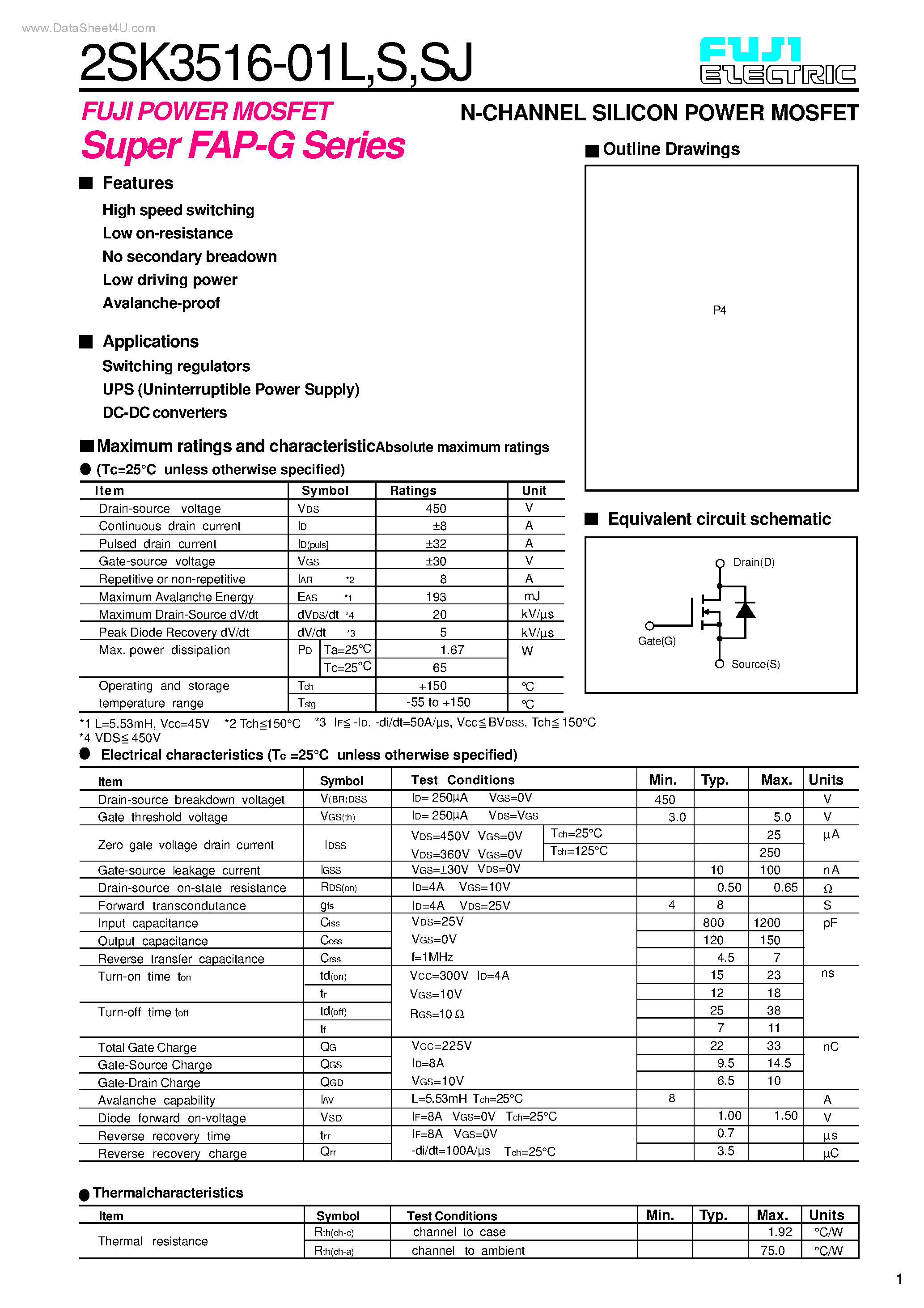 Datasheet 2SK3516-01L - N-CHANNEL SILICON POWER MOSFET page 1
