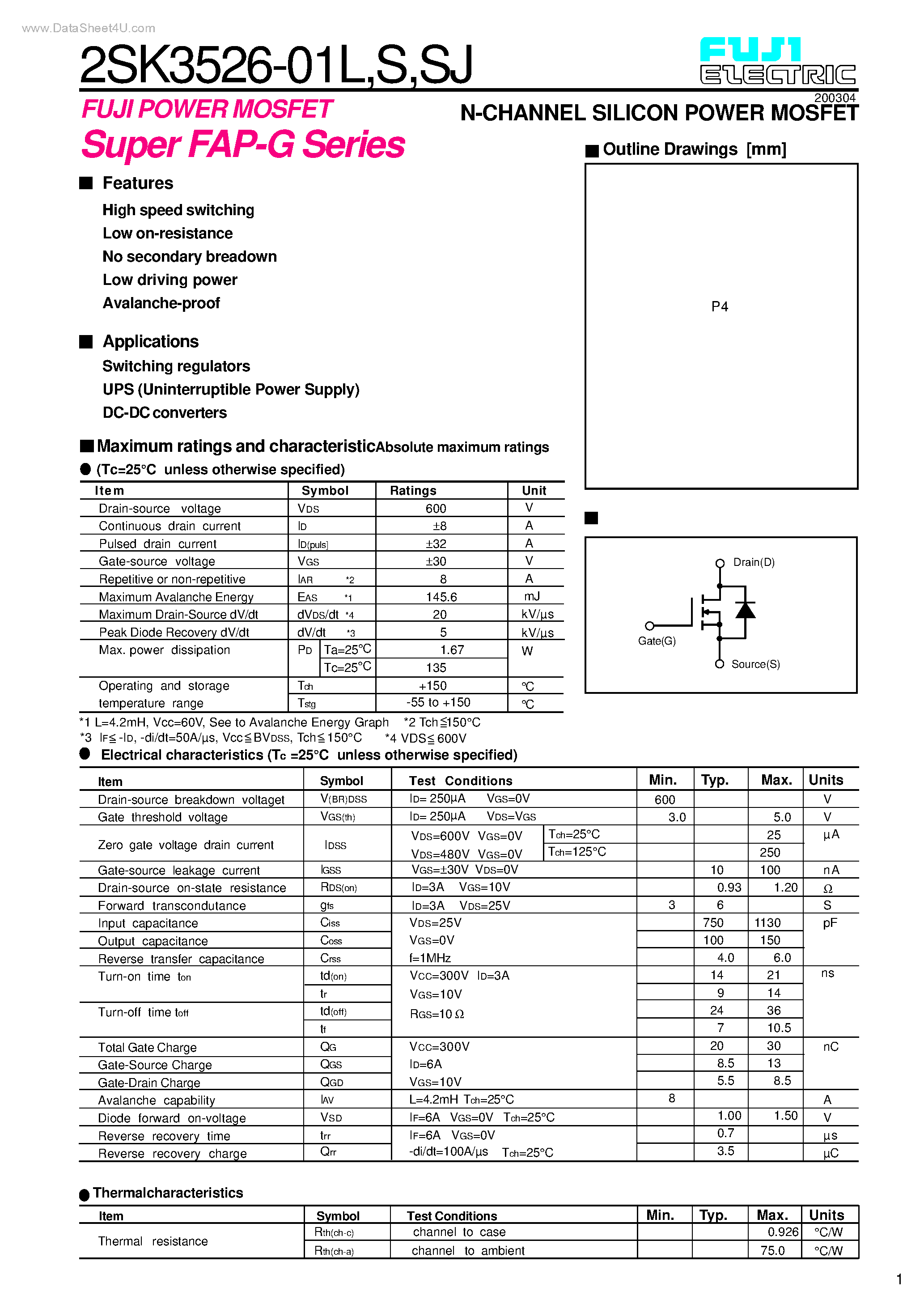 Datasheet 2SK3526-01L - N-CHANNEL SILICON POWER MOSFET page 1