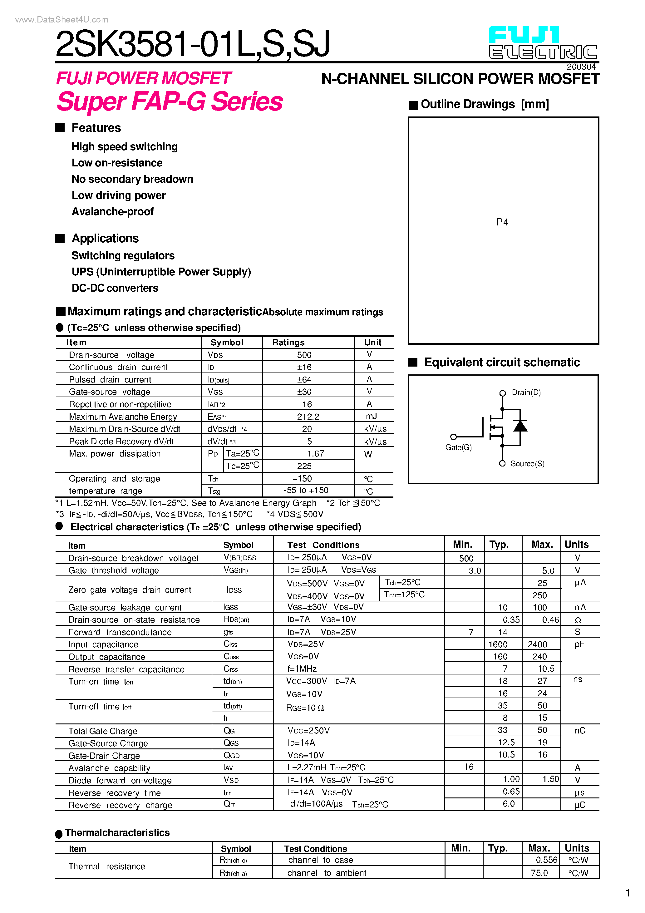 Datasheet 2SK3581-01L - N-CHANNEL SILICON POWER MOSFET page 1