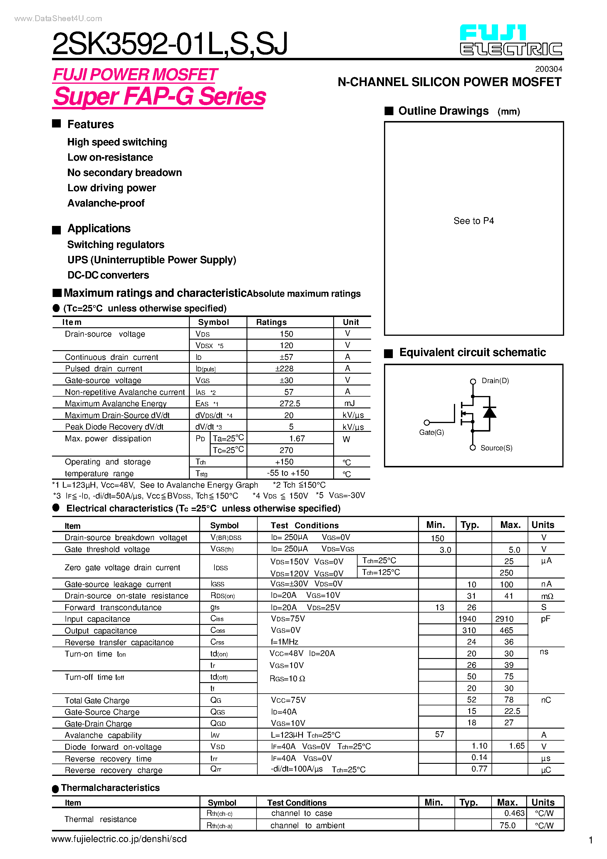 Datasheet 2SK3592-01L - N-CHANNEL SILICON POWER MOSFET page 1
